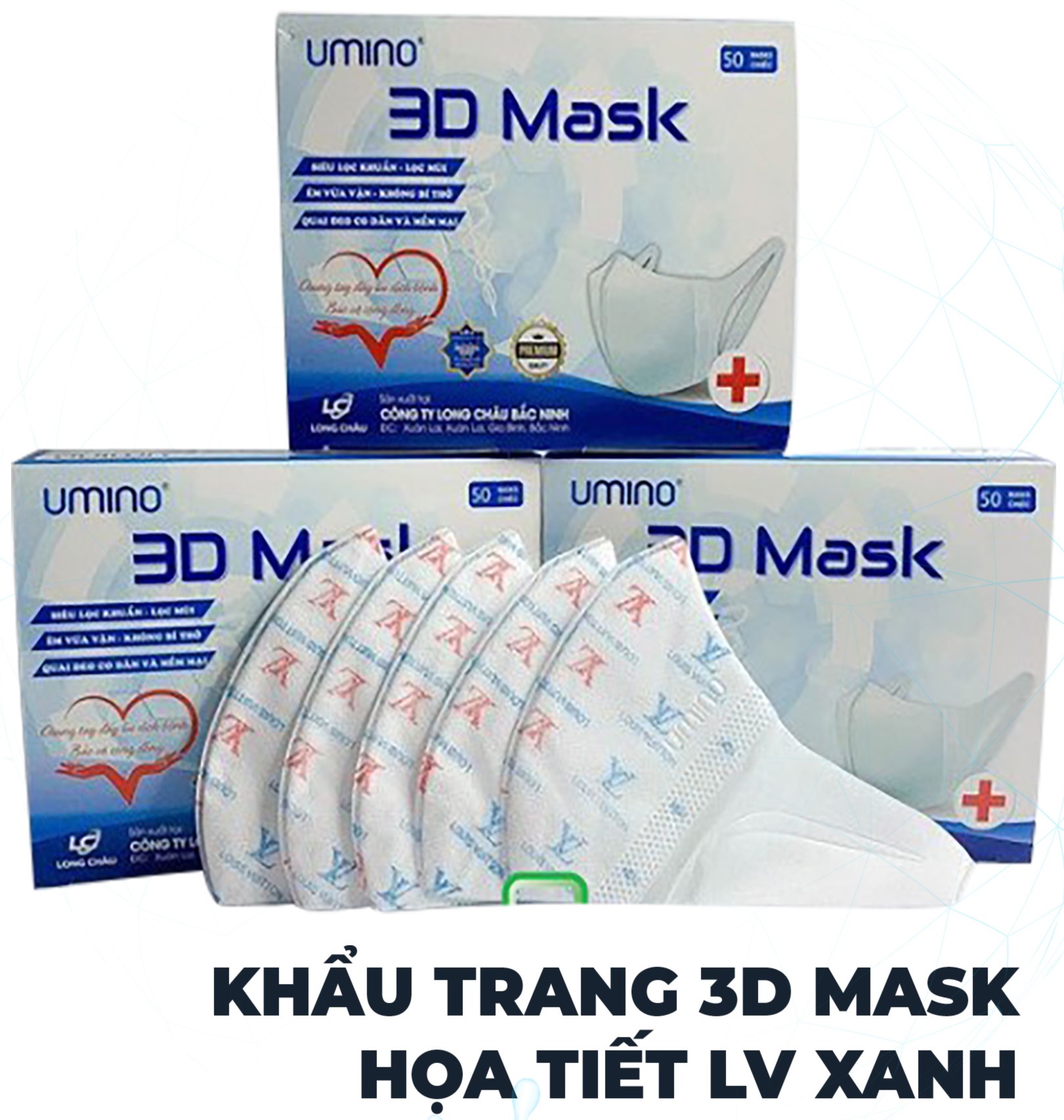 Hộp 50 chiếc Khẩu trang 3D Mask LV màu xanh đỏ thời trang