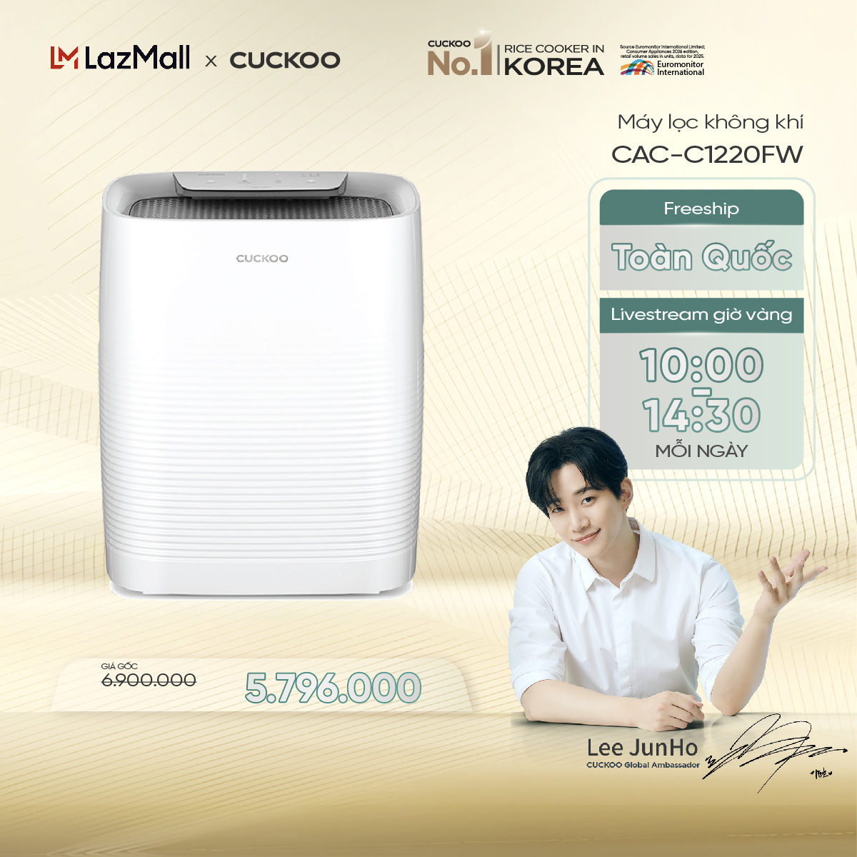 Máy lọc không khí Cuckoo CAC-C1220FW - Kích thước 37.4m², Màu trắng, Hàn Quốc