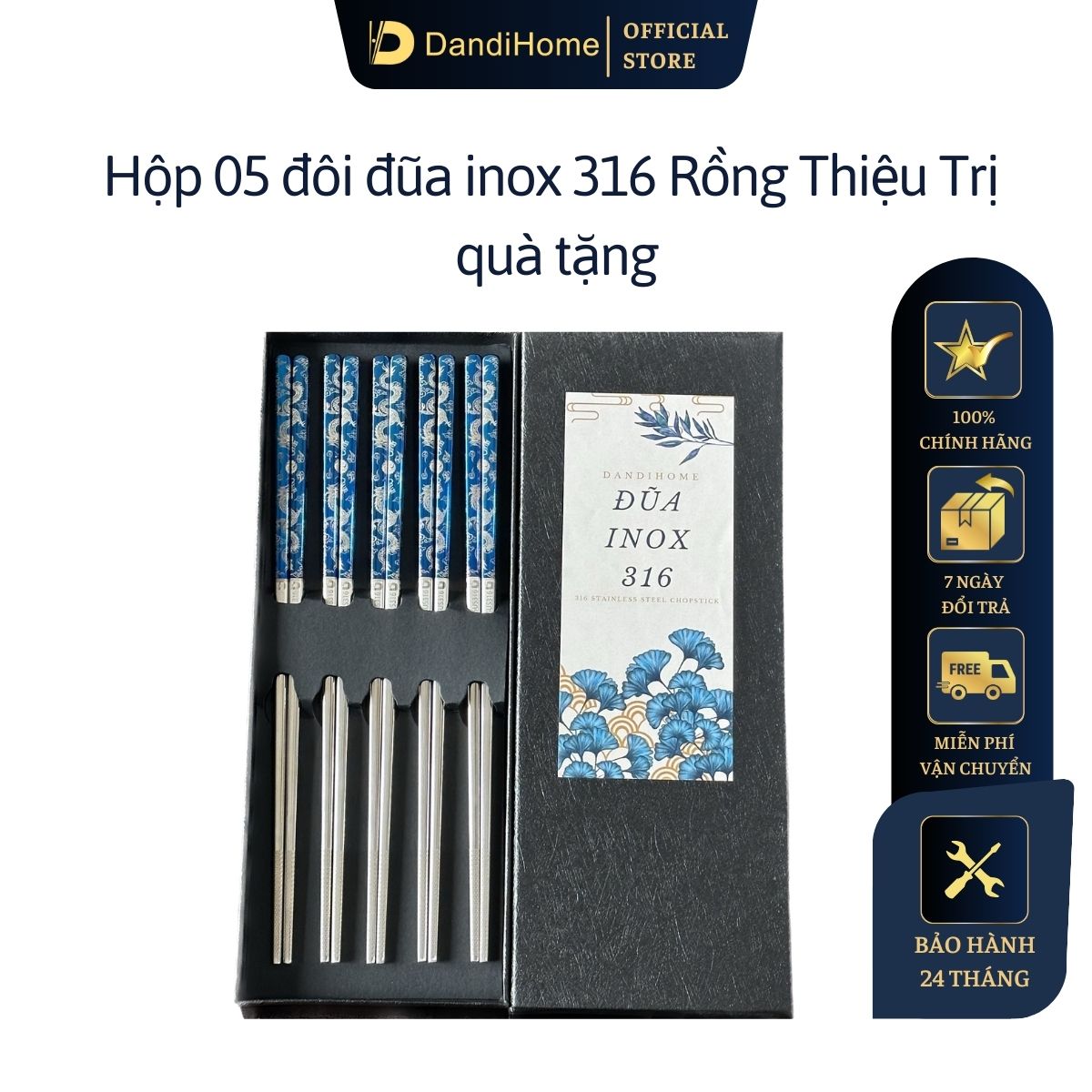 Bộ đũa inox 304 - 316 DandiHome 2020 chống trơn trượt sang trọng tinh tế