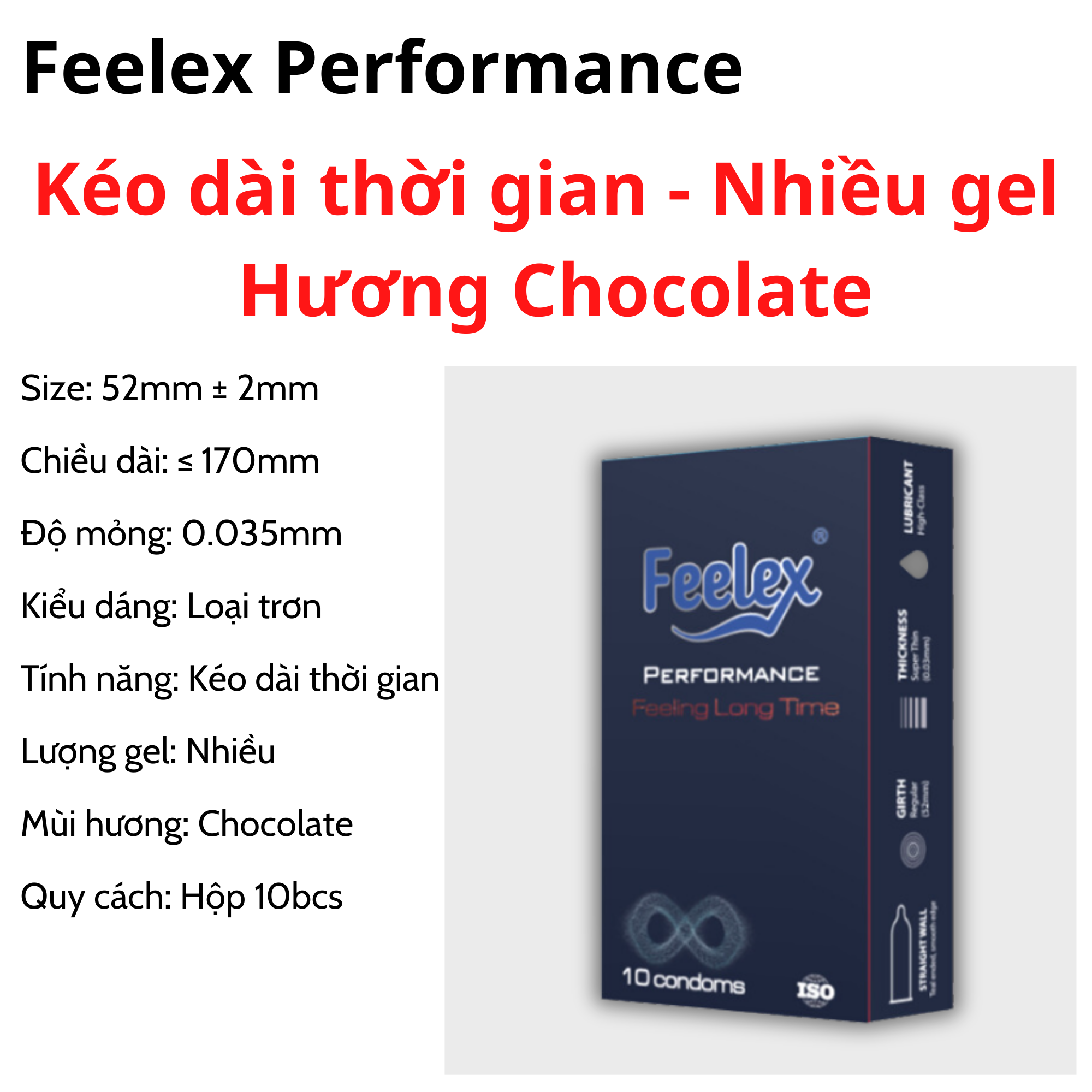 Bao cao su Feelex Performance kéo dài thời gian quan hệ nhiều gel bôi trơn hương socola - Hộp 10 chi