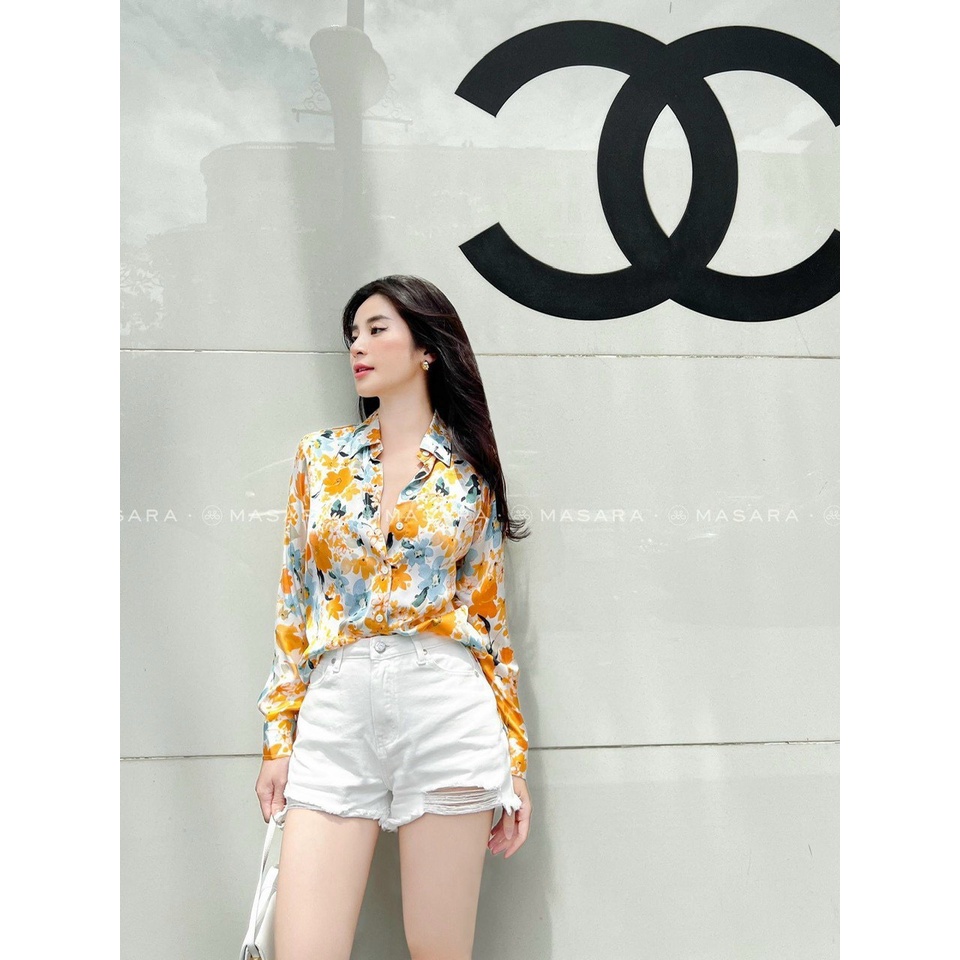 Áo sơ mi nữ dài tay lụa cao cấp công sở họa tiết hoa vàng cam nhẹ nhàng thanh lịch  áo sơ mi thiết k