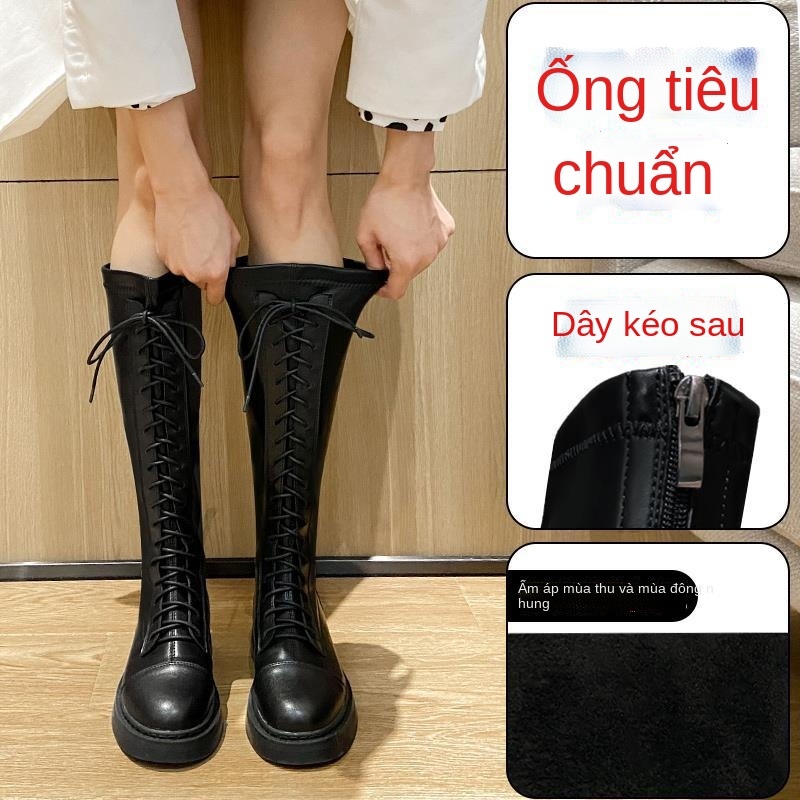 ♈✈✤  Giày bốt cổ cao dày dặn màu đen có size lớn 41-43 phong cách cá tính thời trang xuân thu，bôt nữ