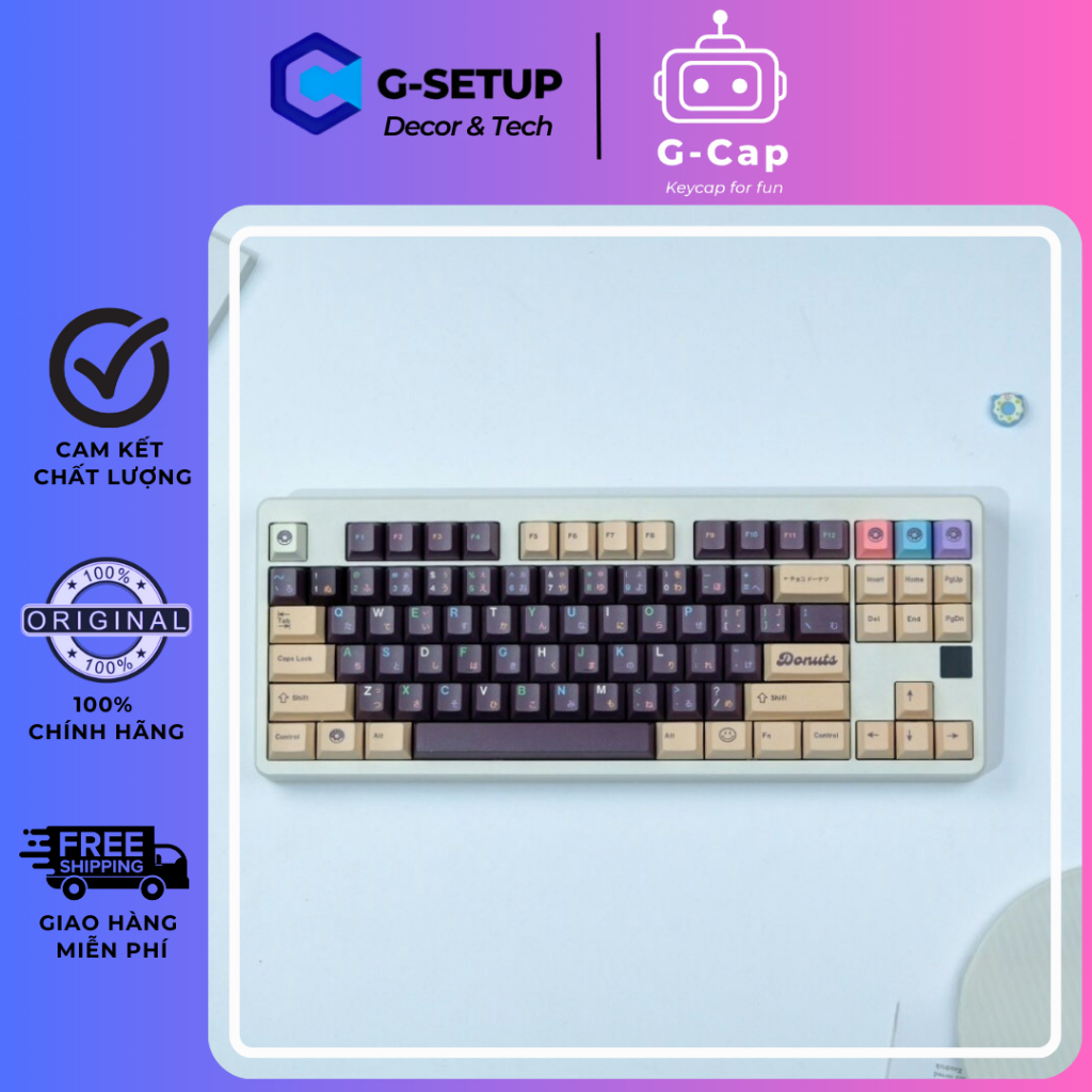 [Hàng sẵn] Bộ keycap Chocolate Donut PBT dyesub Song ngữ Nhật - Việt chất lượng cao 129 phím