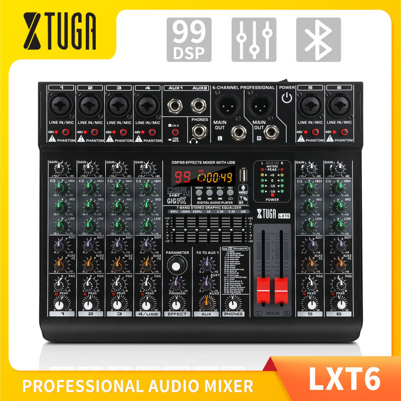 Xtuga Lxt6 Dj Mixer 6 Kênh Đa Năng Chuyên Nghiệp Bộ trộn âm thanh Hỗ Trợ Bluetooth/USB/MP3 Phát Lại Được Xây Dựng-Trong 99 DSP Hiệu Ứng Kỹ Thuật Số Với 48V nguồn phantom 7-Band Equalizer hiệu ứng reverb Bàn điều khiển phối khí