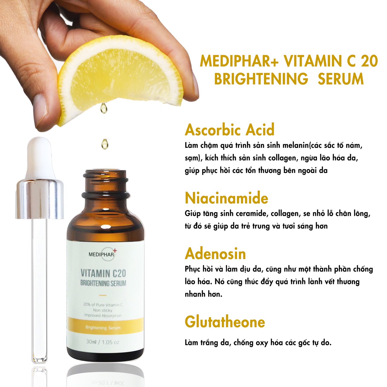[HÀNG CHÍNH HÃNG] MEDIPHAR + VITAMIN C20 BRIGHTENING SERUM – TINH CHẤT DƯỠNG TRẮNG GIẢM THÂM NÁM DA