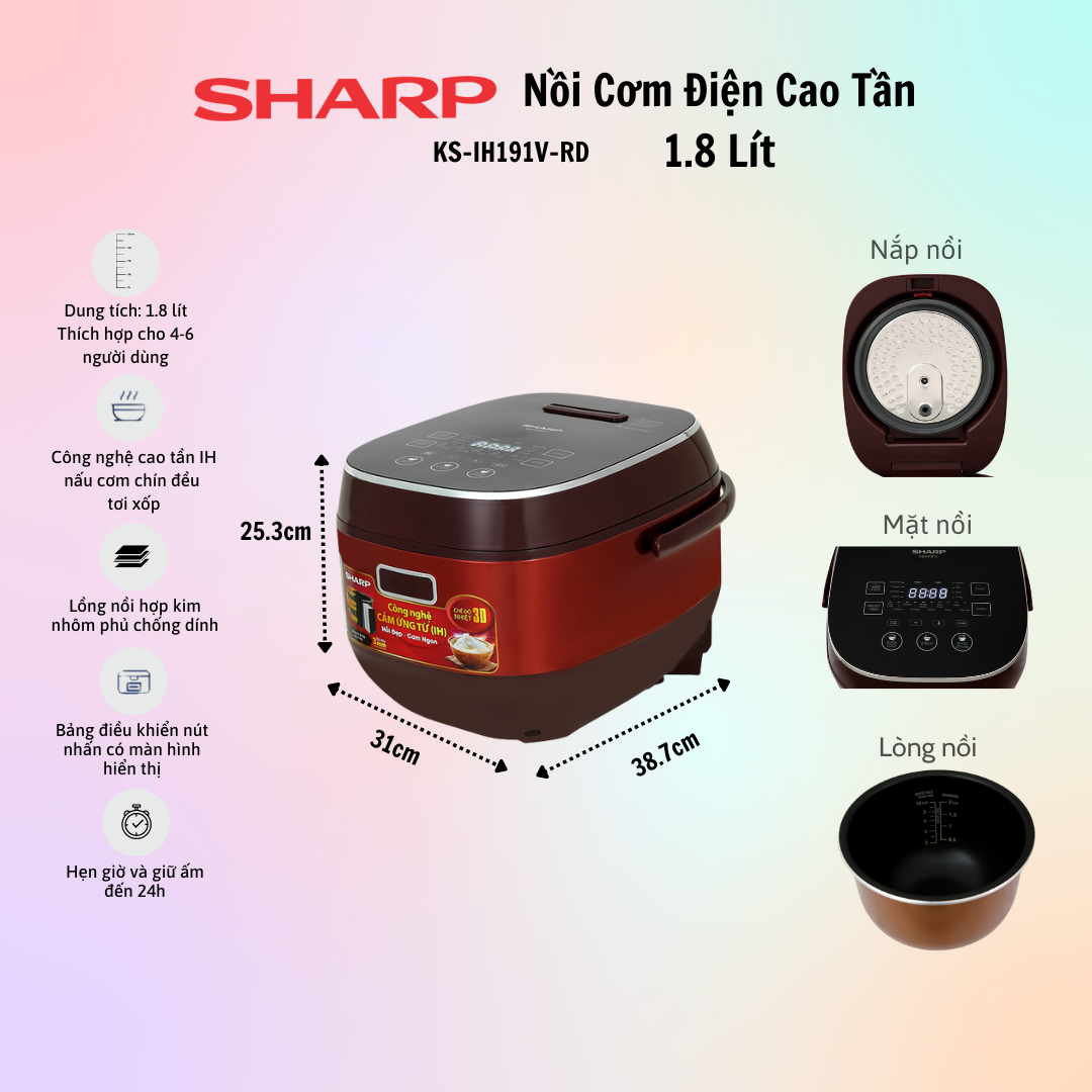 Nồi Cơm Điện Cao Tần Sharp KS-IH122V-BK/KS-IH191V-RD/KS-IH191V-GL/ KS-IH191V-BK 1.2 Lít - Nồi Cơm Đi