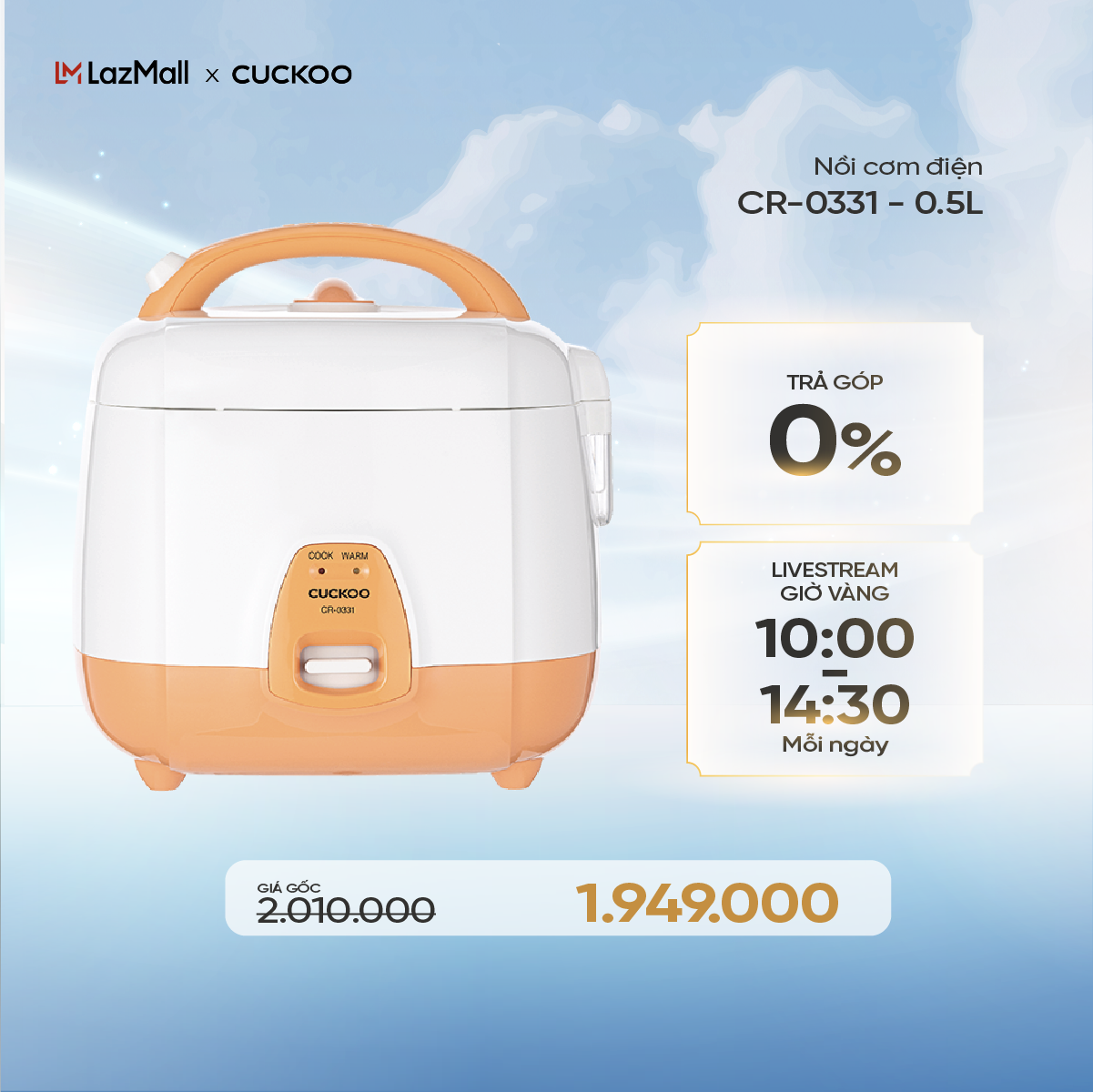 Nồi cơm điện Mini Cuckoo 0.5L CR-0331 - Lòng nồi chống dính nhỏ gọn cho gia đình ít người - Hàng chí