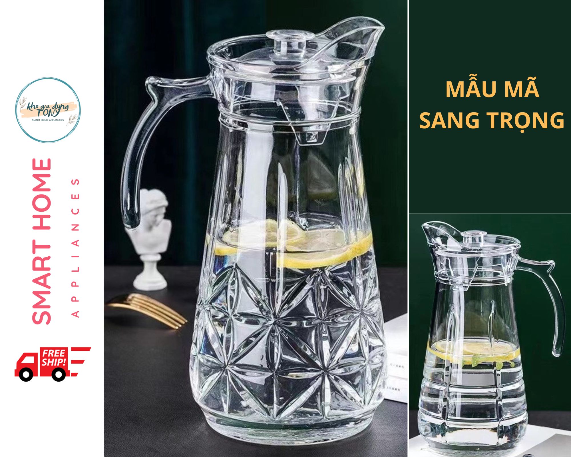 Bình Thuỷ Tinh Đựng Nước 1.7L- Hàng Thủy Tinh Loại 1 Bóng Sáng Đẹp Quai Cầm Miệng Rót Hoa Văn Pha Lê