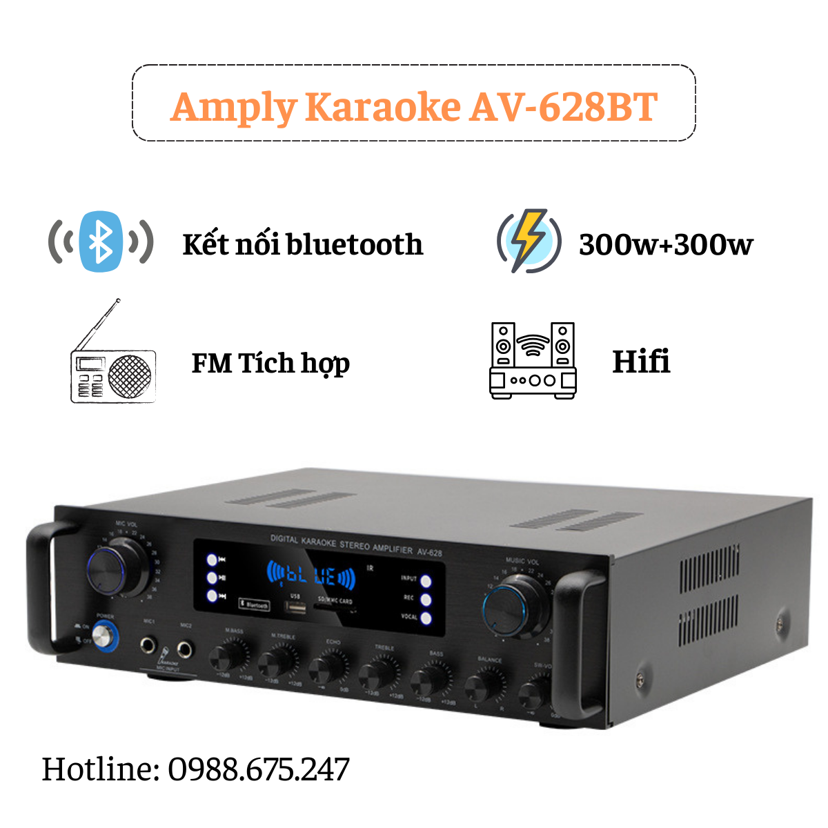 Amply Bluetooth AV- 628 công suất 200W  phù hợp cho cả loa siêu trầm 2.1 kênh Tích hợp đài FM  có đi