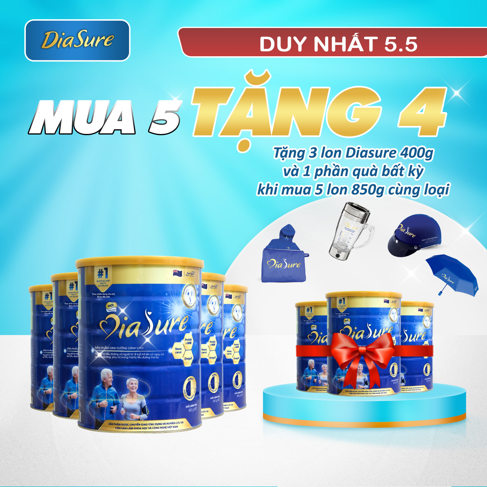 Sữa Non Diasure 850G (NEW) bổ sung thêm Nano Canxi Omega3 Protein HMB  (Mua 5 tặng 3 hộp 450G)-Sữa dành cho người tiểu đường