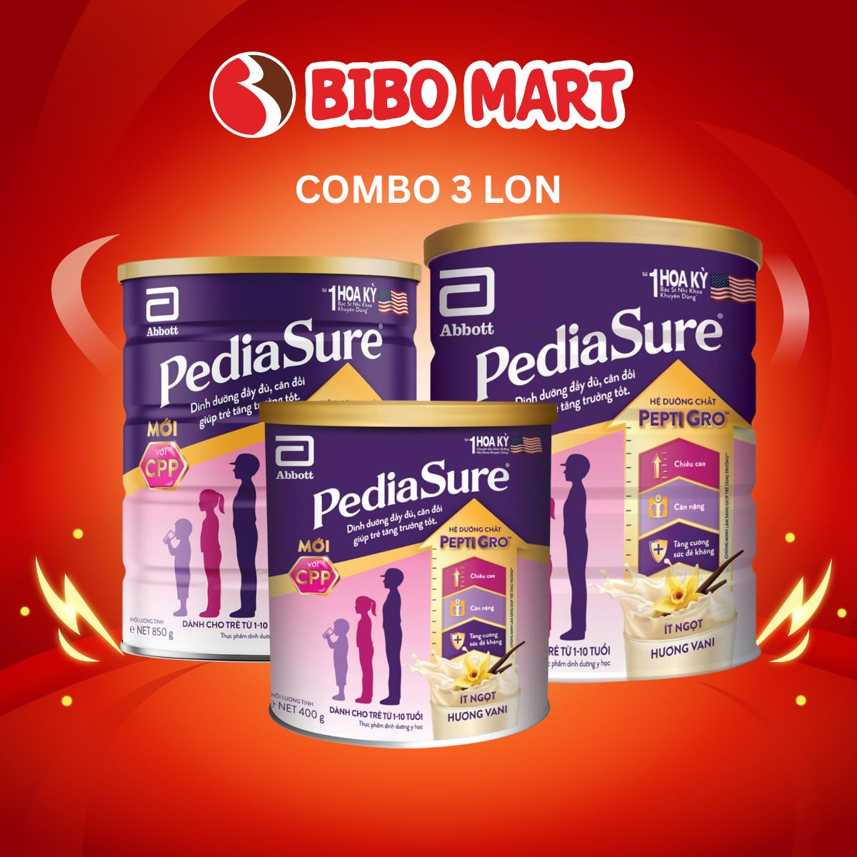 Combo 3 Lon Sữa PediaSure Hương Vani 400G/850G/1.6KG Tăng Đề Kháng Tăng Cân Phát Triển Trí Não Cho Bé 1 - 10 tuổi (Giao Mẫu Ngẫu Nhiên) - Bibo Mart