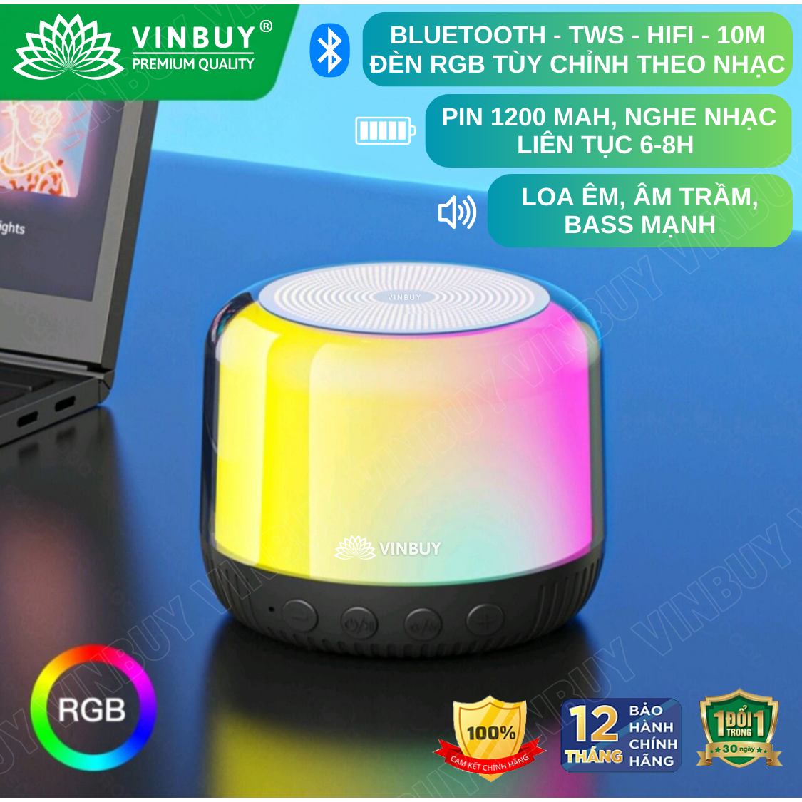Loa bluetooth nghe nhạc mini không dây wireless TWS HiFi loa âm trầm bass mạnh có đèn RGB đổi màu theo nhạc hỗ trợ thẻ nhớ - Hàng chính hãng VinBuy