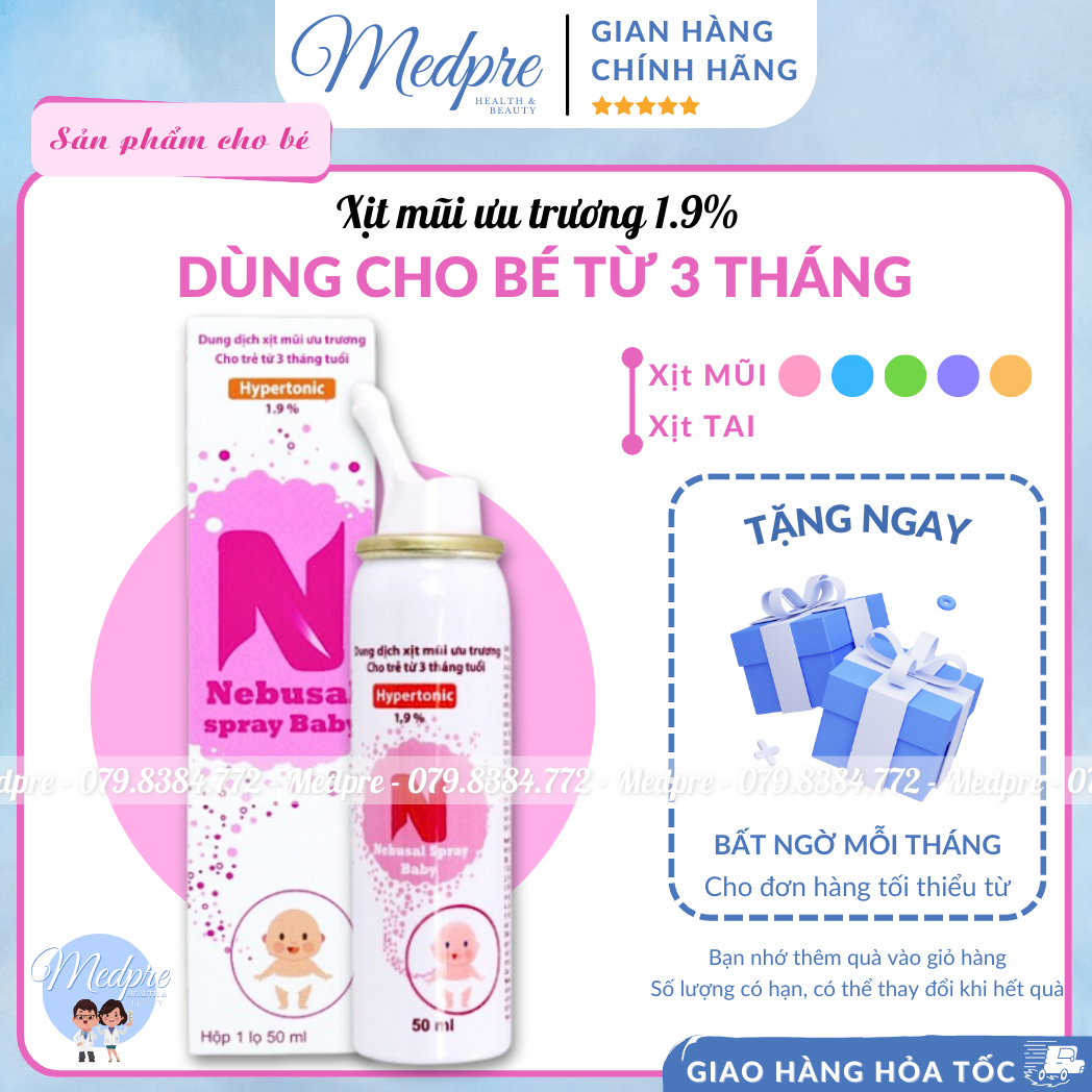 Dung dịch xịt mũi từ nước muối biển ưu trương Nebusal Spray Baby 1.9% - Giảm nghẹt mũi sổ mũi ở trẻ em từ 3 tháng tuổi