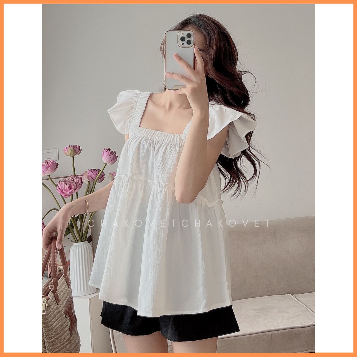 Set áo hai dây cánh tiên bản to có chun phối viền bèo cách điệu kèm quần sooc ullzang Hàn Quốc cực x