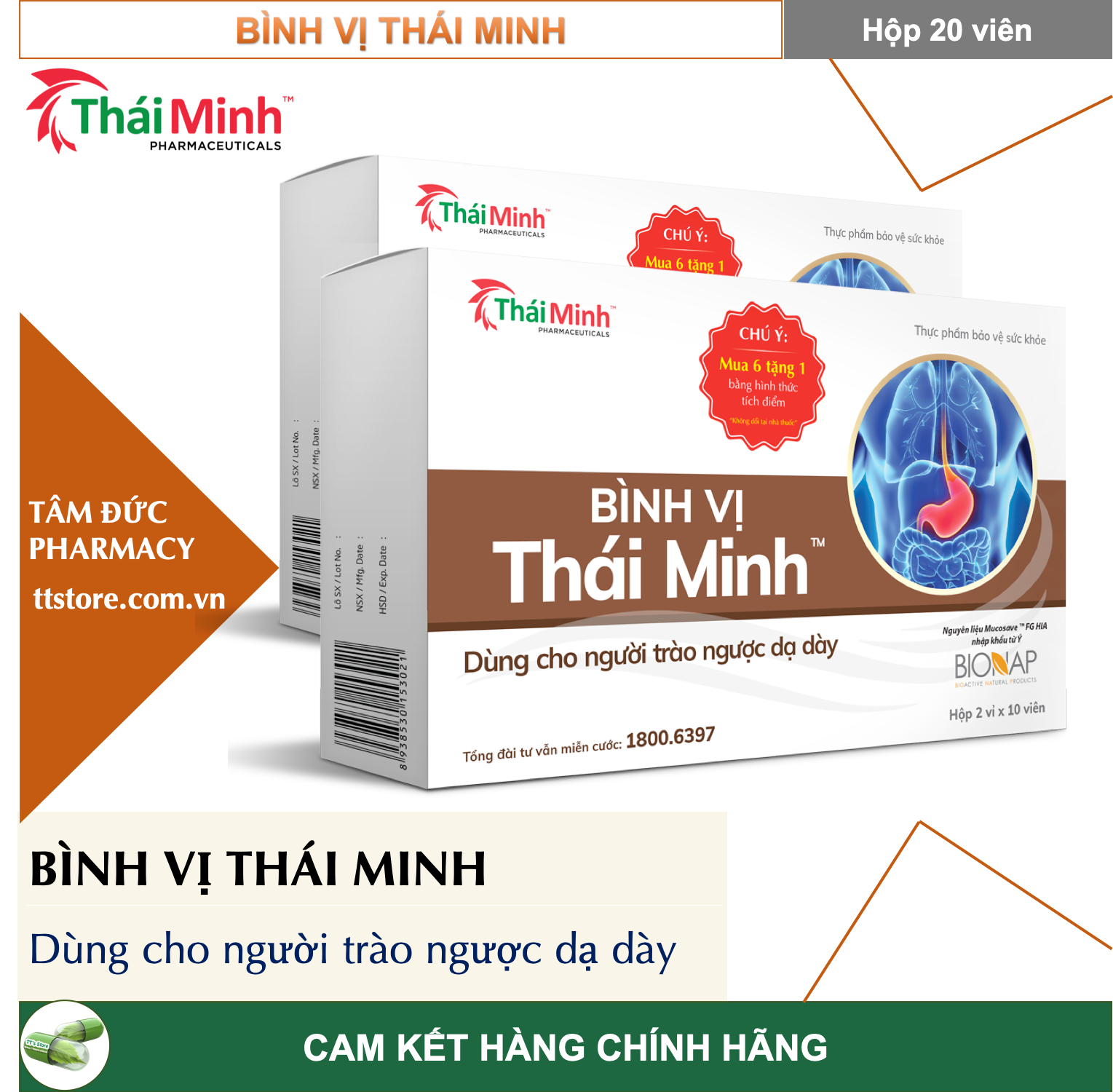 [Hcm][6 Tặng 1] Bình Vị Thái Minh [Hộp 20 Viên] - Dùng Cho Người Trào Ngược Dạ Dày [Bình Vị/ Bifina/ Gastrosic]