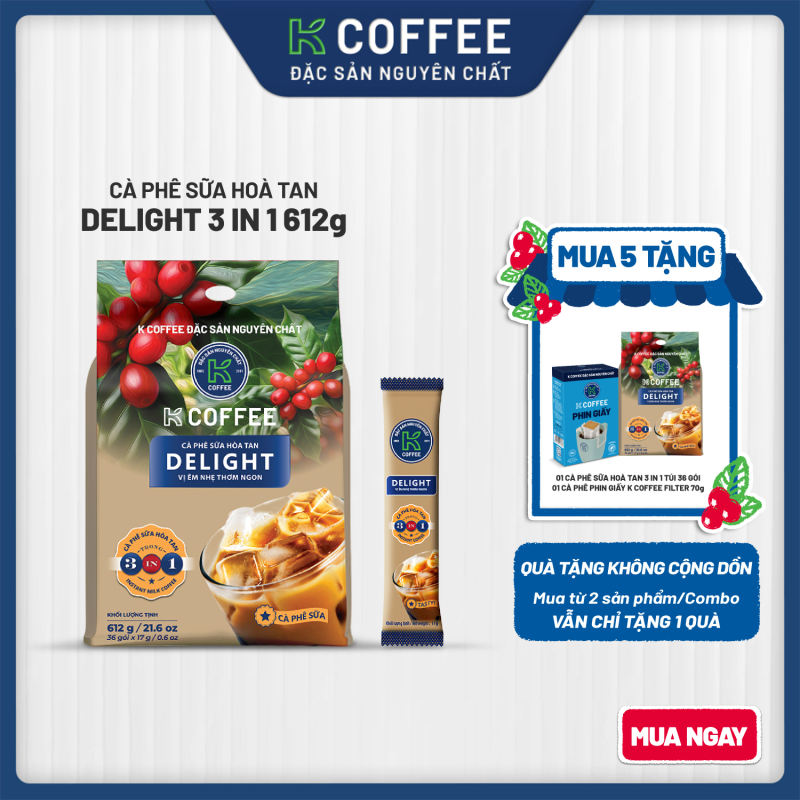 Cà Phê Sữa Hòa Tan K Delight 3in1 612g (Túi x 36 Gói) - Thương Hiệu K COFFEE