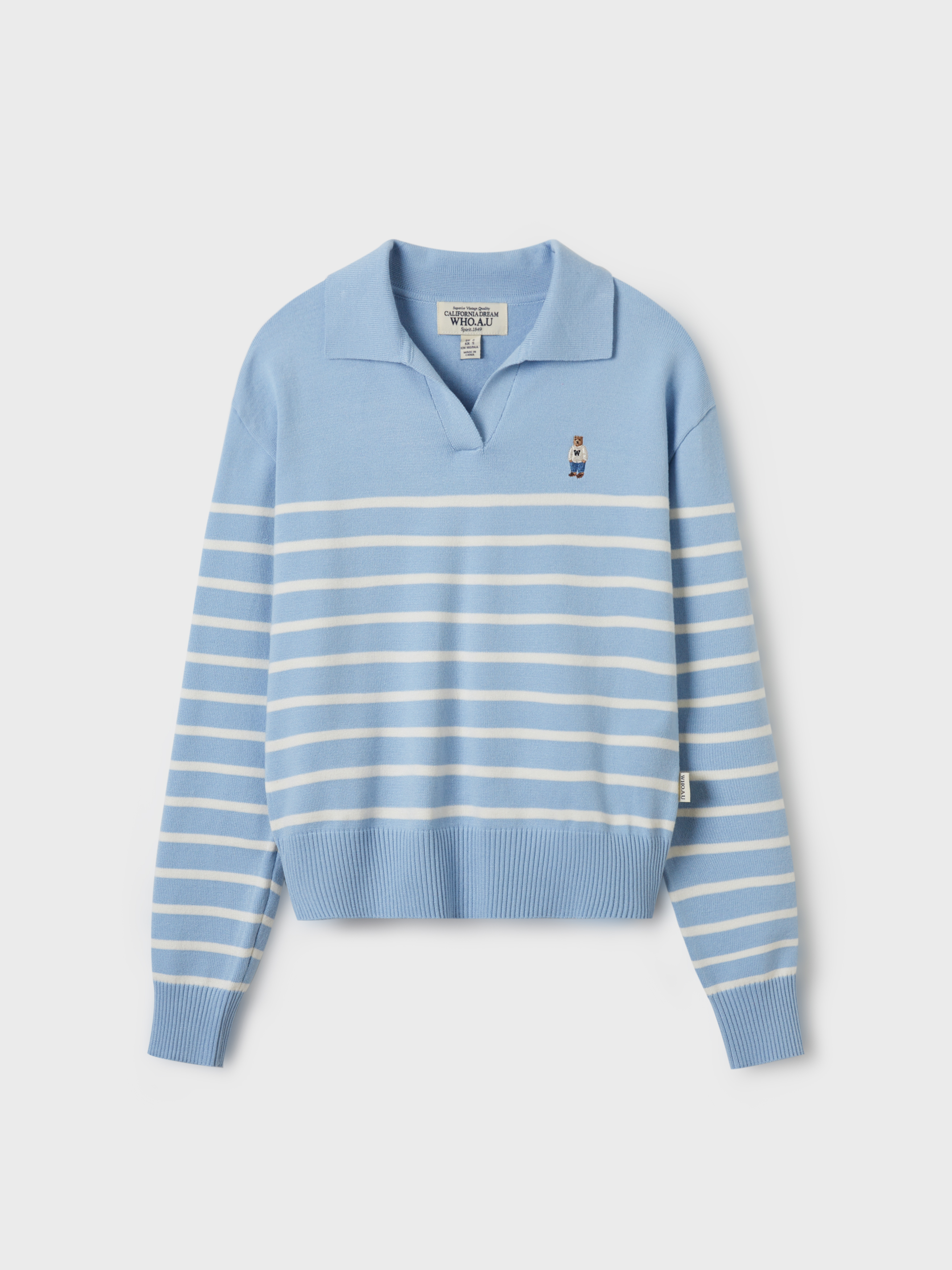 WHOAU Áo Len Steve Open Collar Stripe Pullover_WHKAF2353F