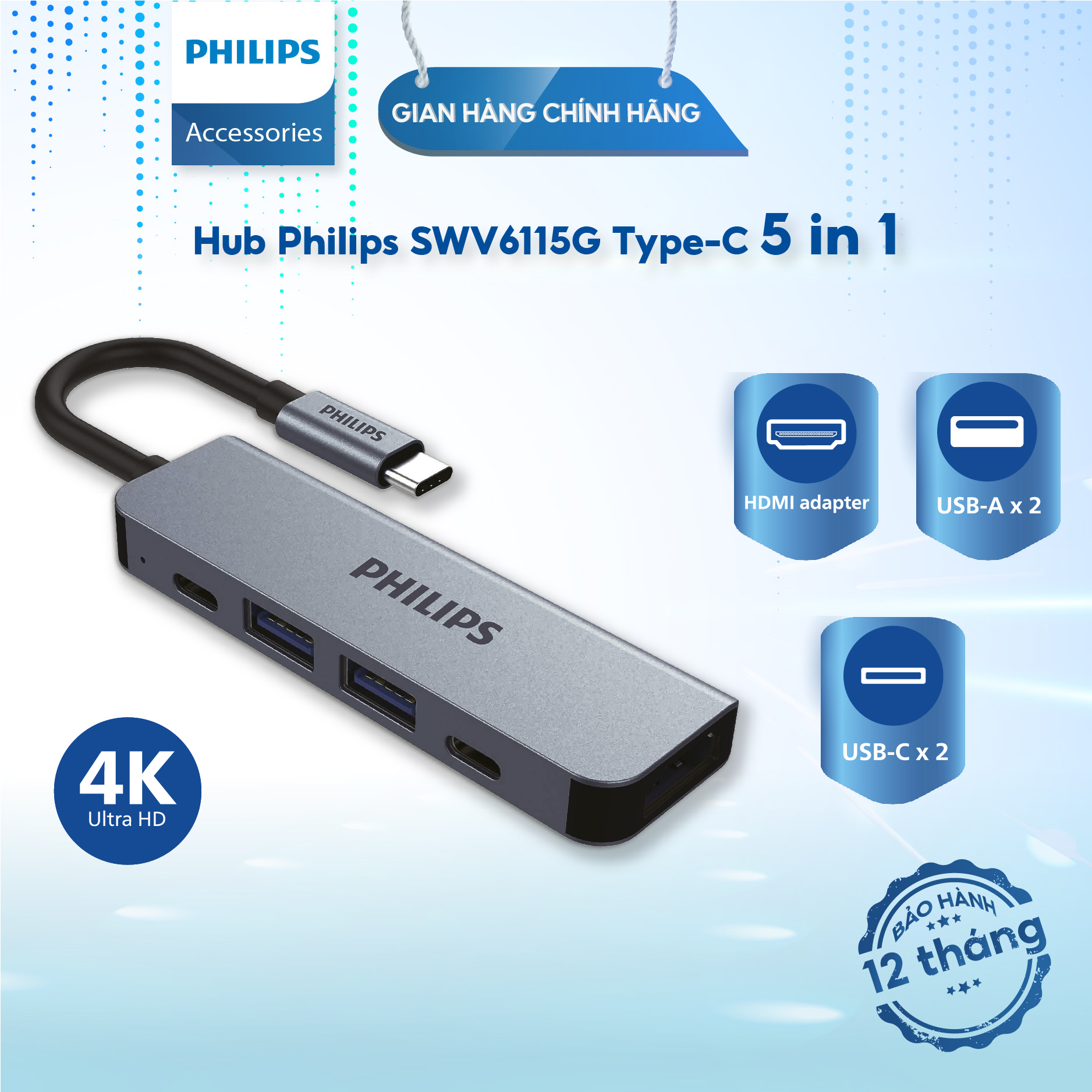 Bộ Hub chuyển đổi Philips SWV6115G 5 in 1 USB Type C Thunderbolt 3 to HDMI Gồm 2 cổng USB-A + 2 cổng
