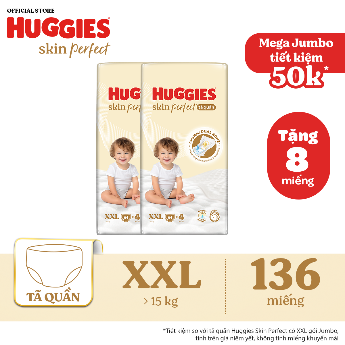 [20h 7-10.8 QUÀ TẶNG ĐH 699K] Combo 2 Tã quần Huggies Skin Perfect XXL size Mega Jumbo 64+4 miếng - Nhiều phiên bản