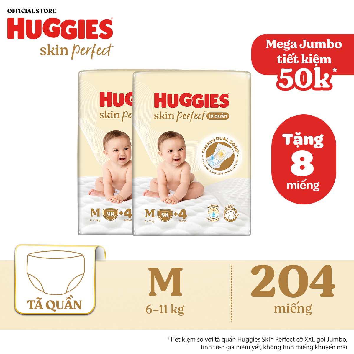 [30.7 QUÀ TẶNG ĐH 699K] Combo 2 Tã quần Huggies Skin Perfect M size Mega Jumbo 98+4 miếng