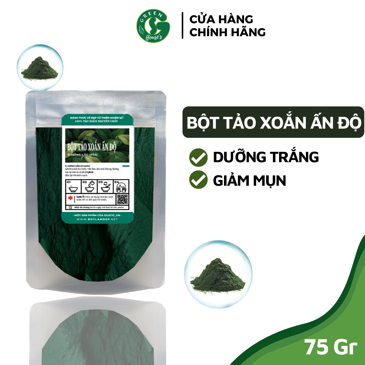 Bột Tảo Xoắn Giúp Dưỡng Trắng Giảm Thâm Nám Sạm Da - Handmade 75G - B2.009