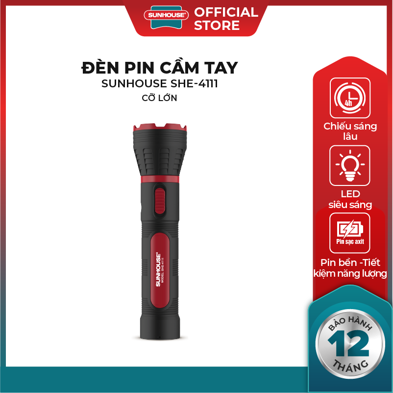 Đèn pin tay cầm Sunhouse SHE-4111 bóng đèn LED siêu sáng tiết kiệm điện - Thời gian chiếu sáng kéo 