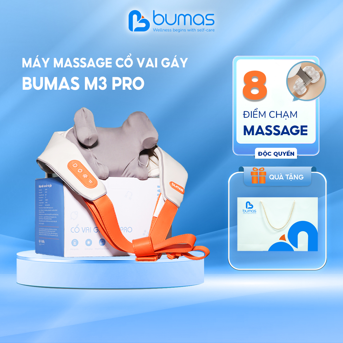 Máy Massage Cổ Vai Gáy Bumas M3 Pro - Nâng Cấp Massage 8 Điểm Chạm - Chườm Nóng Hiệu Quả - Động Cơ K