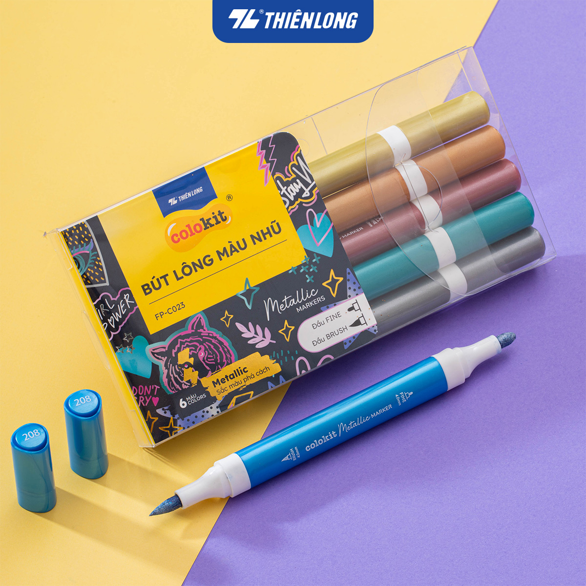 Bút lông 6/12 màu nhũ Fiber Pen Metallic Thiên Long Colokit - Màu nhũ lấp lánh vẽ được trên giấy đen