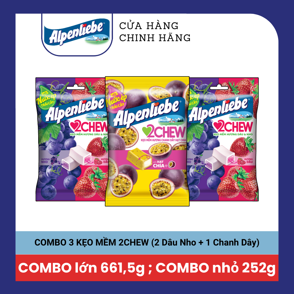 COMBO Kẹo Mềm Alpenliebe 2Chew từ nước ép trái cây hương Dâu Nho Chanh dây hạt chia