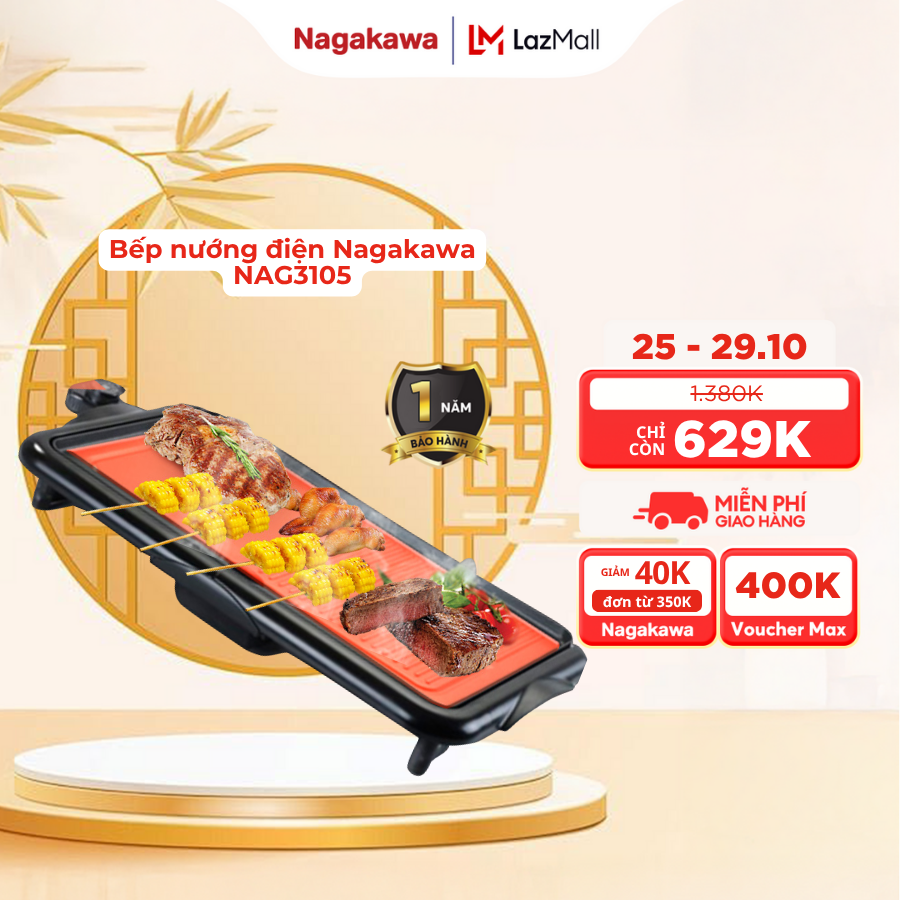 [MUA 2 GIẢM 10%] Bếp nướng điện Nagakawa NAG3105 (2000W) - Bảo hành 1 năm
