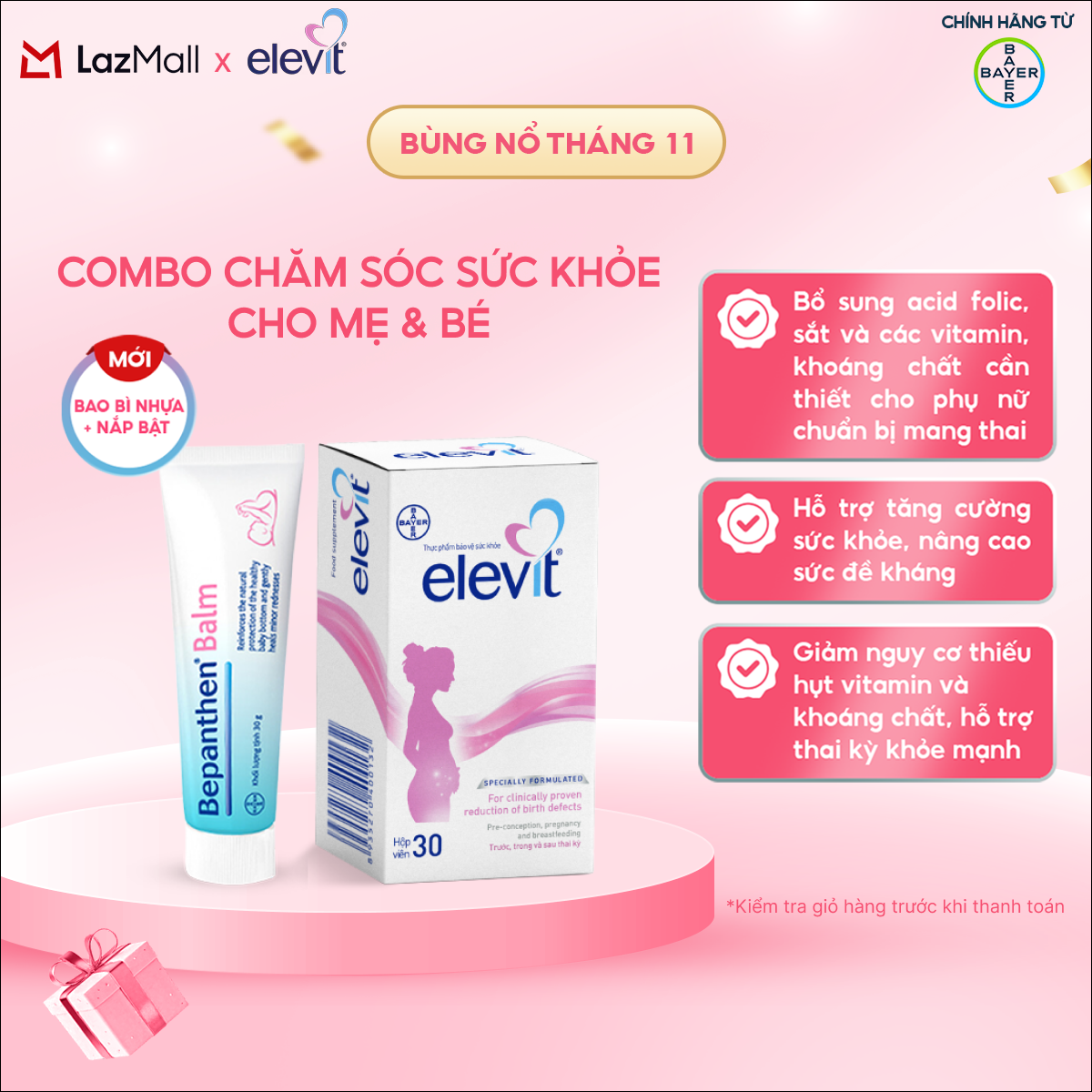Combo Mẹ Khỏe Con Xinh (Vitamin Bầu Tổng Hợp Elevit 30 Viên + Kem Chống Hăm Bepanthen Balm Dạng Kem