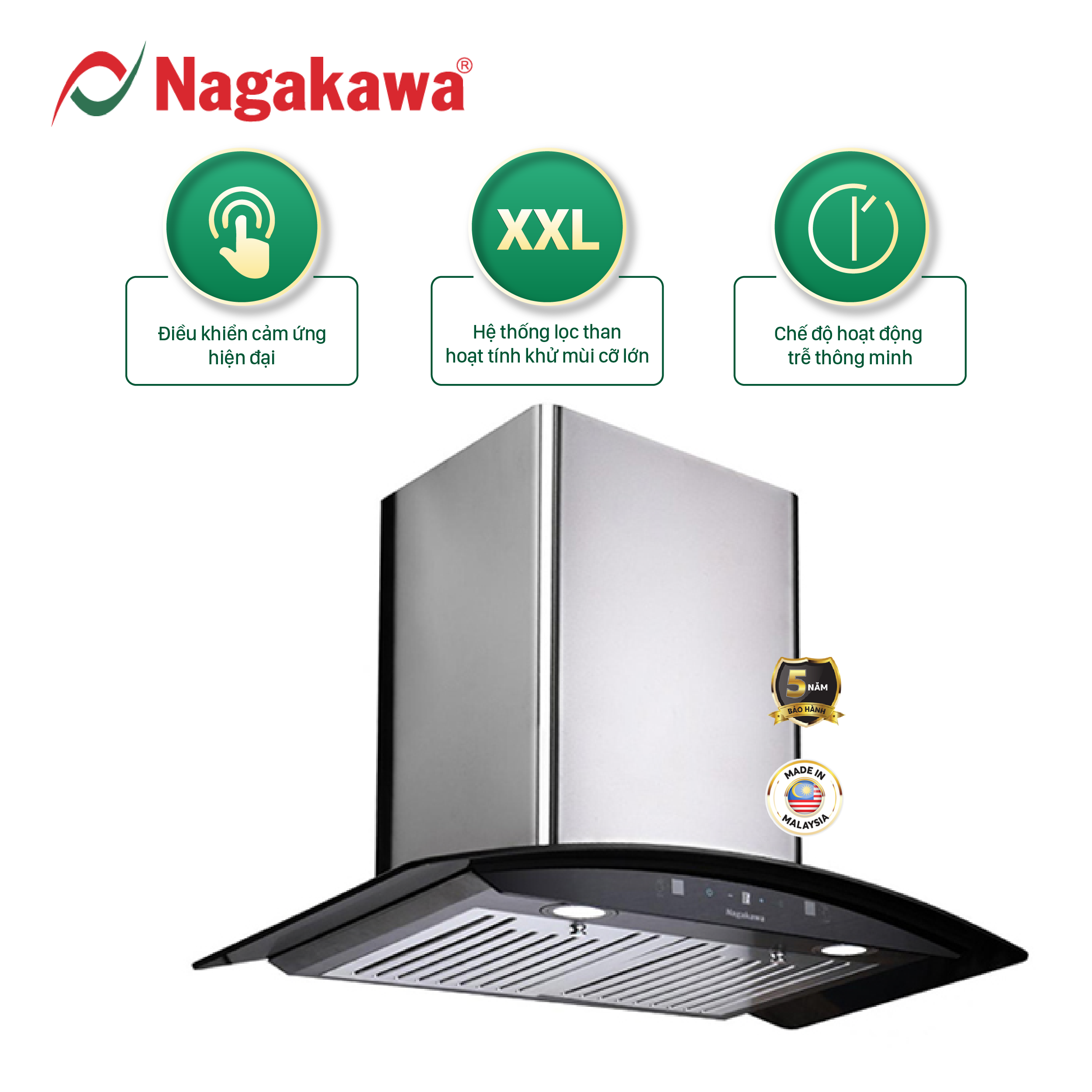 Máy hút mùi Nagakawa NAG1853-70CM khử mùi bằng than hoạt tính bộ lọc 5 lớp inox đèn led điều khiển c