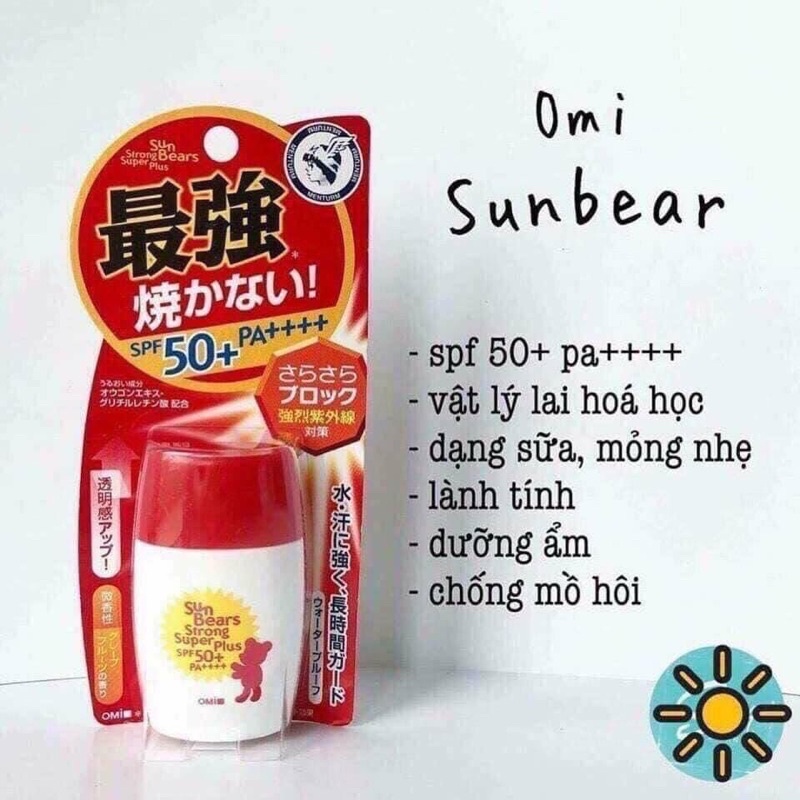 Kem chống nắng Omi Sunbear SPF50+ PA++++ da dầu hỗn hợp da thường da khô kcn con gấu vật lý lai hóa học không cồn nâng tone nhẹ nhàng không bóng nhờn chống nước mồ hôi cao dùng được cho trẻ em