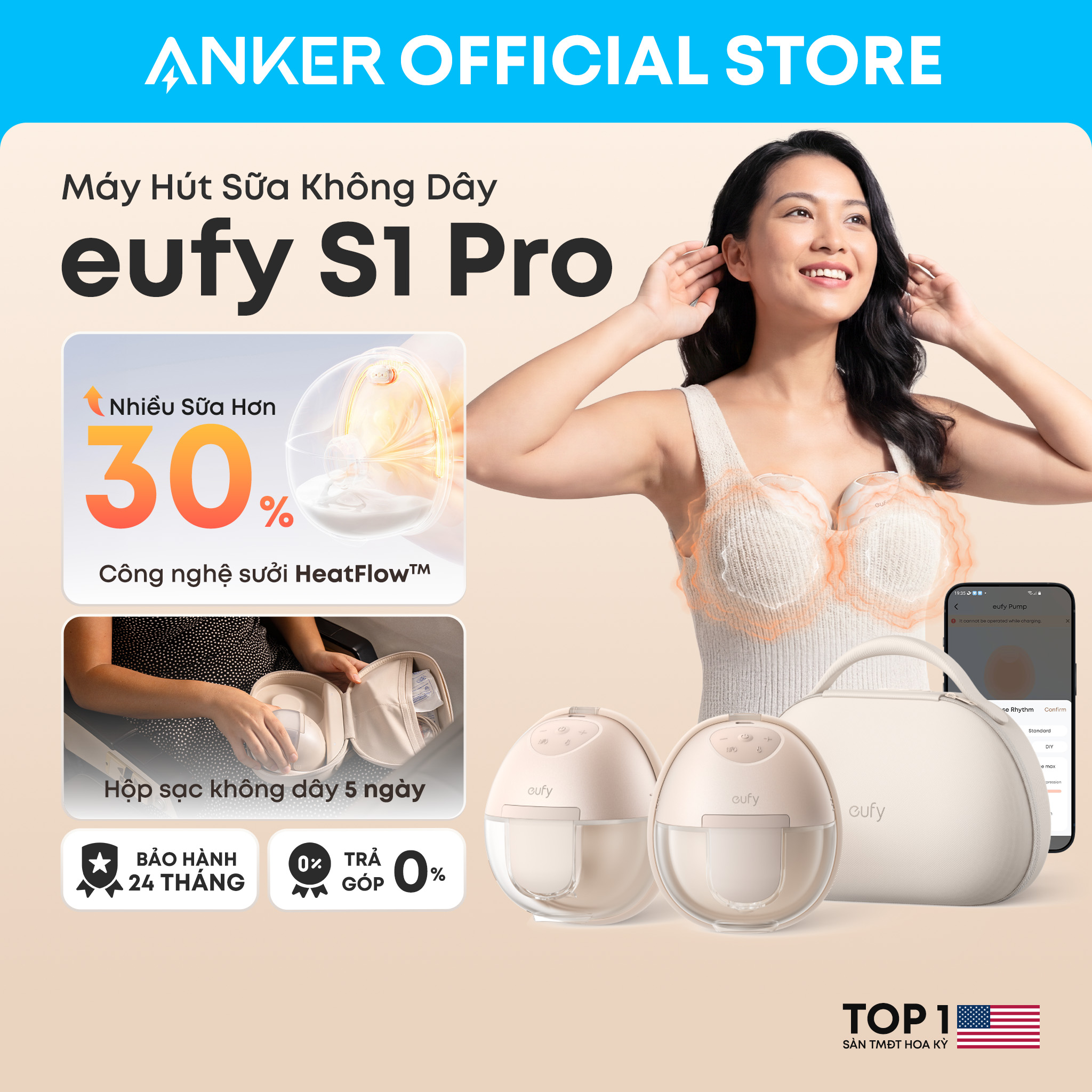 Máy hút sữa không dây Eufy S1 Pro sưởi ấm 7 mức tăng 30% sữa hộp sạc pin 5 ngày app tinh chỉnh 7 lực hút chuẩn y khoa