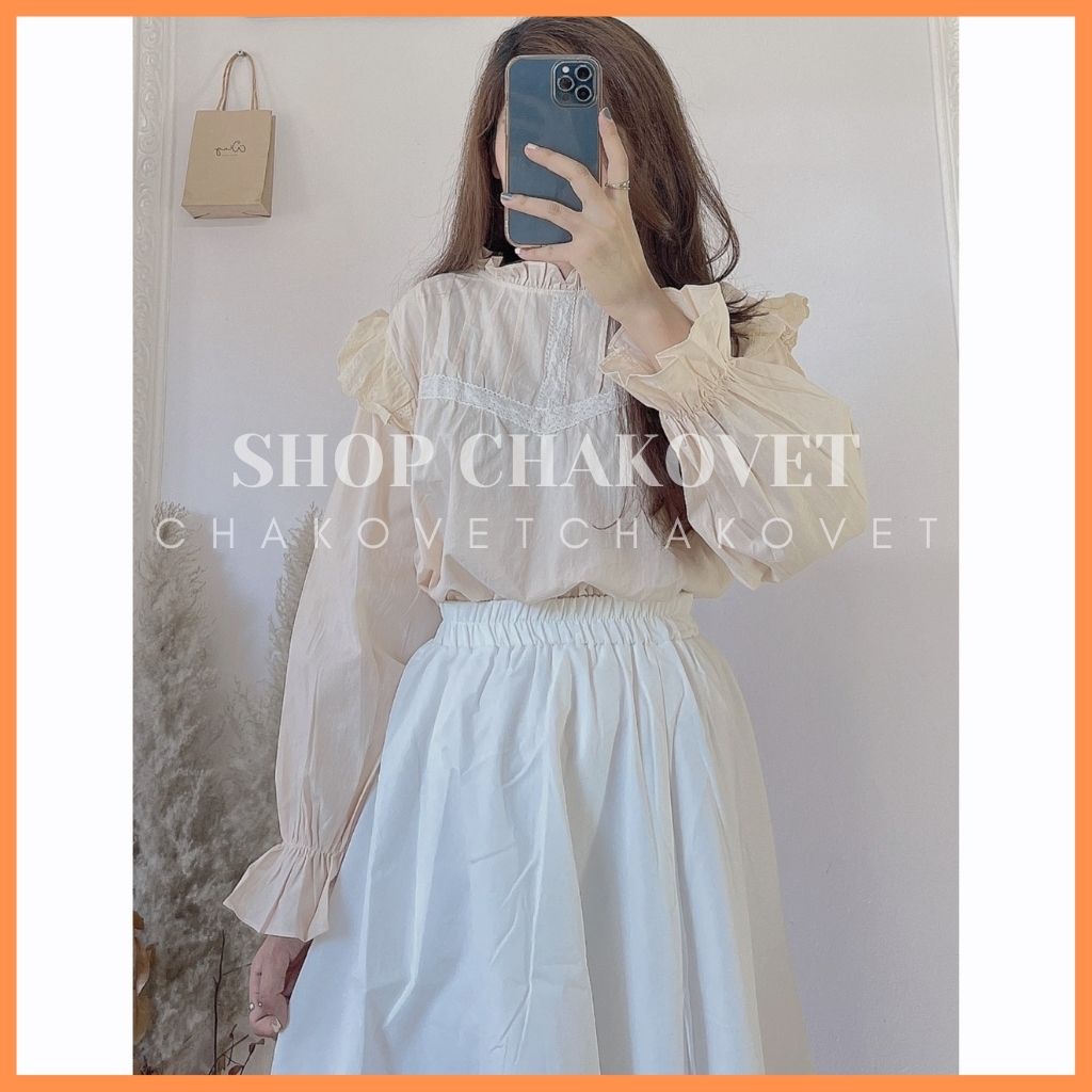 Áo babydoll cánh tiên dài tay Kiểu áo sơ mi nữ tay bồng xếp ly dọc ngực phối ren -CKA139