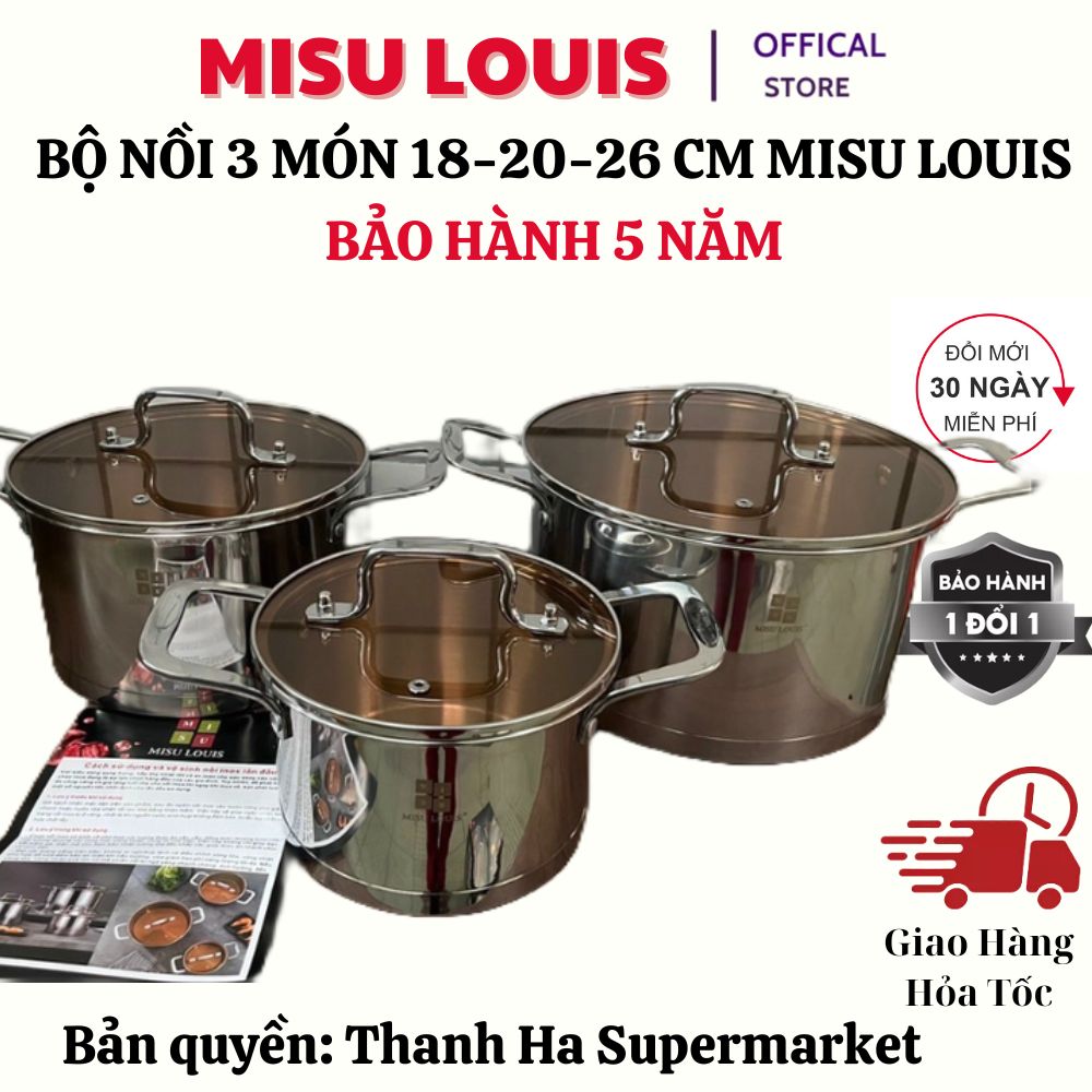 Bộ nồi Misu Louis Bộ Nồi Inox Đức Gồm 3 Món - Đáy 5 Lớp Nguyên Khối - Sử Dụng Mọi Loại Bếp Bảo Hành 