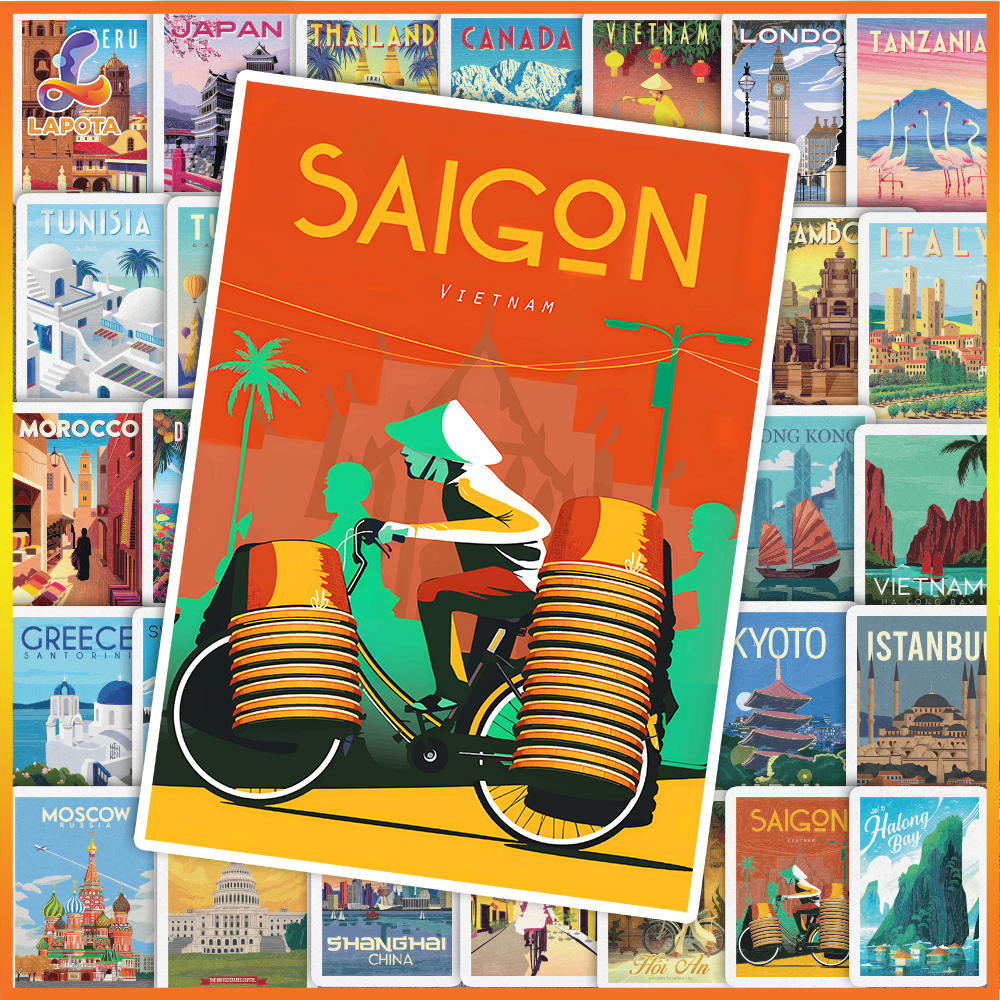 Set 52 cái Sticker Travel Vintage Retro chống nước hình dán du lịch các nước dán laptop vali điện thoại