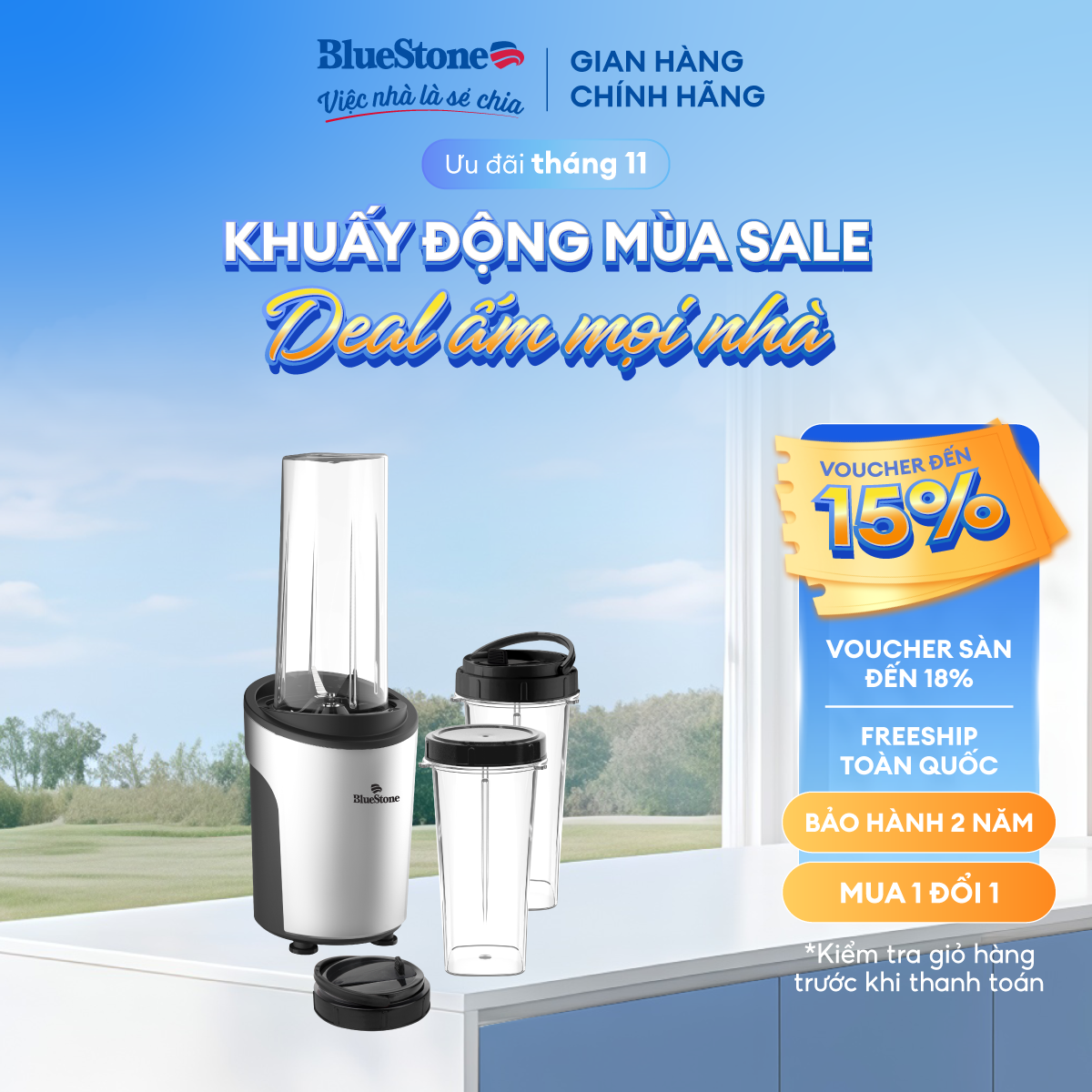 Máy Xay Sinh Tố Đa Năng BlueStone BLB-5310 - Công suất 450W - Với 3 ly xay sinh tố kiêm bình nước -