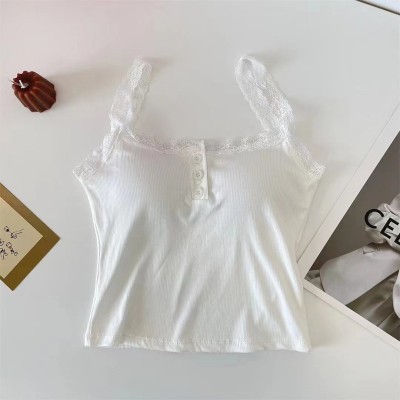 Áo Croptop Hai Dây Viền Ren Cài Nút Nữ Trơn Ôm Body   Áo 2 Dây Kiểu Phối Ren Thun Gân Mềm Mát DLN68 