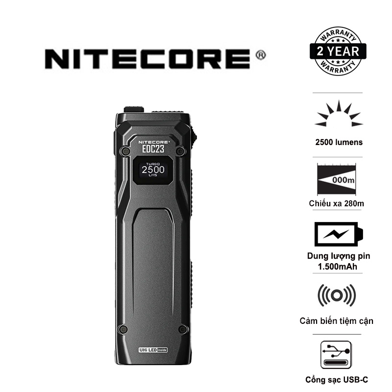 Đèn pin Nitecore EDC23 sáng 2500 lumen chiếu xa 280m pin 1500mAh màn OLED sạc USB C