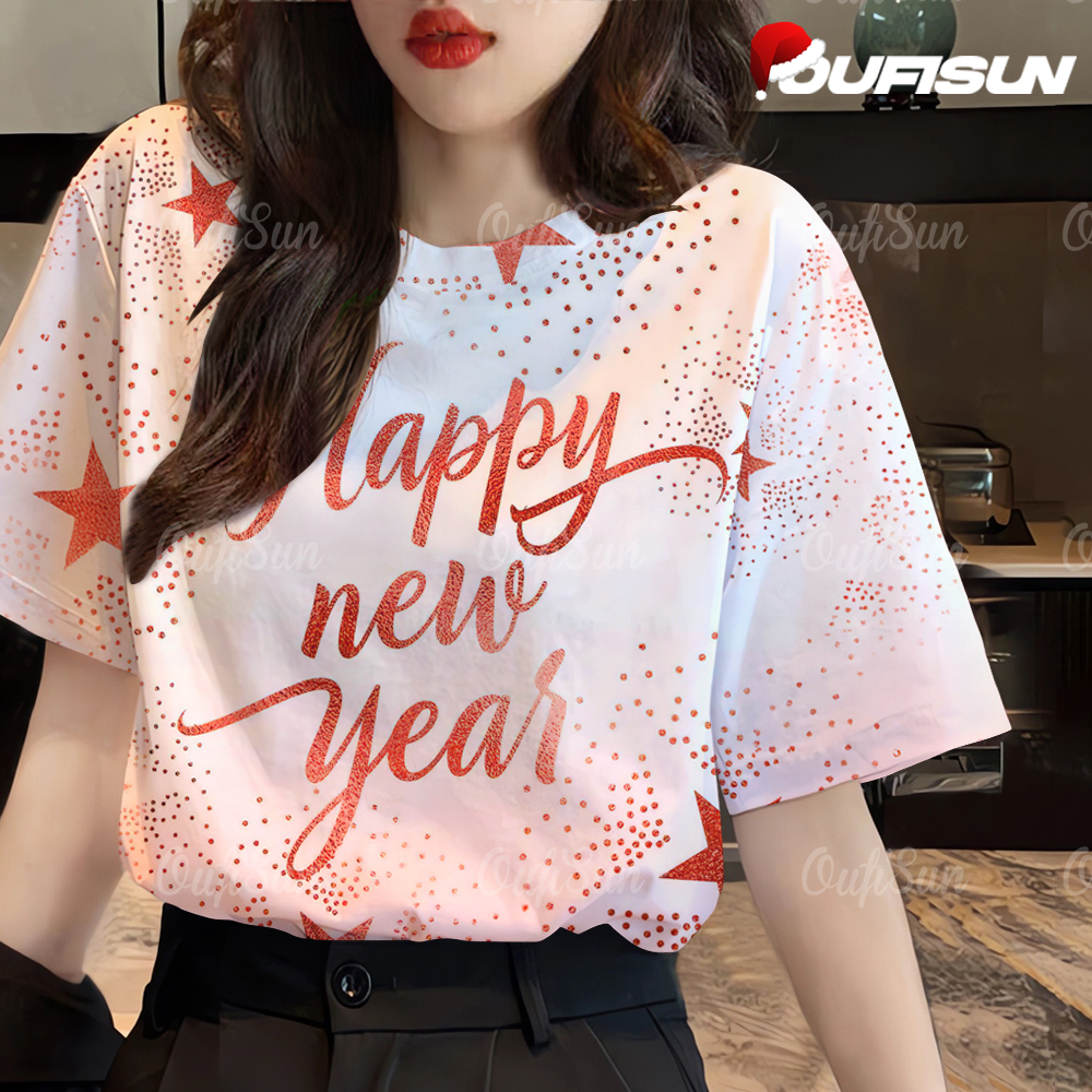 Tết Áo thun năm con rắn 2025 Áo thun đỏ CNY Quần áo năm mới Áo thun năm mới Áo thun nam nữ màu đỏ tư