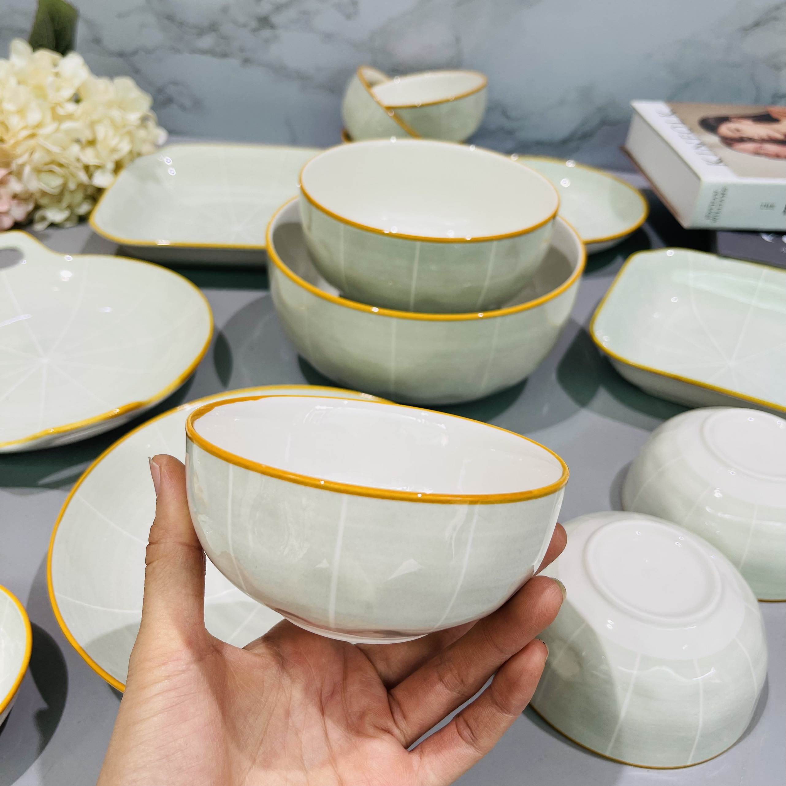 Bán lẻ bộ bát đĩa chén đĩa tô cao cấp Gosu phong cách Nhật Bản màu xanh mint sáng đẹp