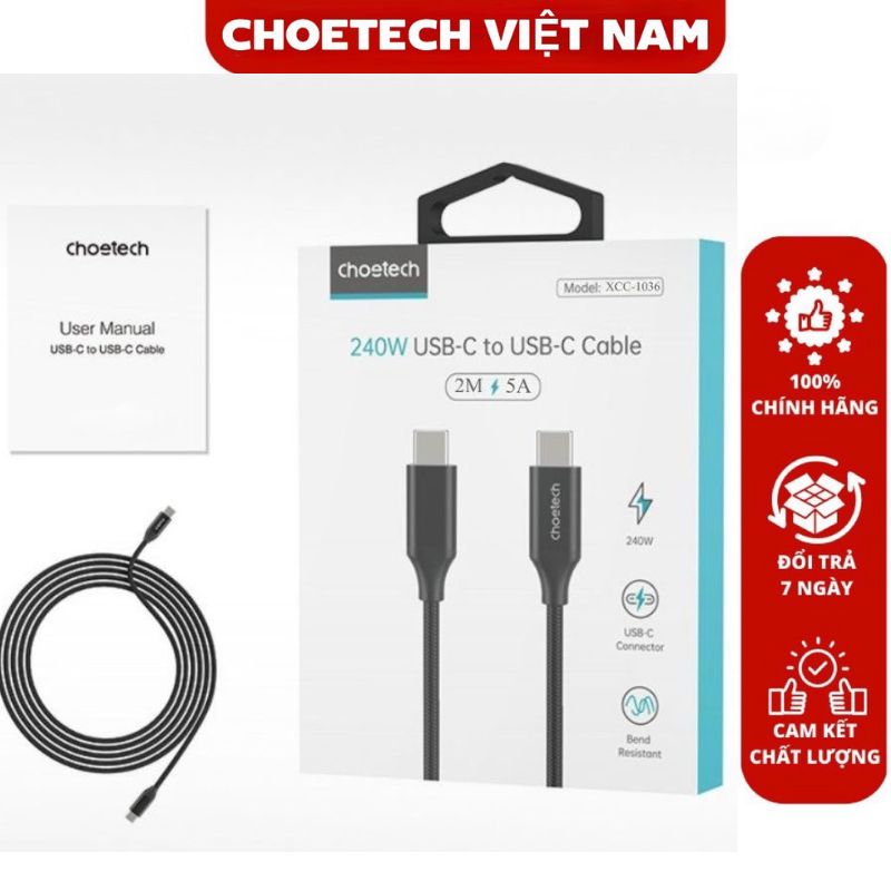 Cáp sạc nhanh Choetech XCC-1035/ XCC-1036 Type C to Type C công suất cao 240w (hàng chính hãng)