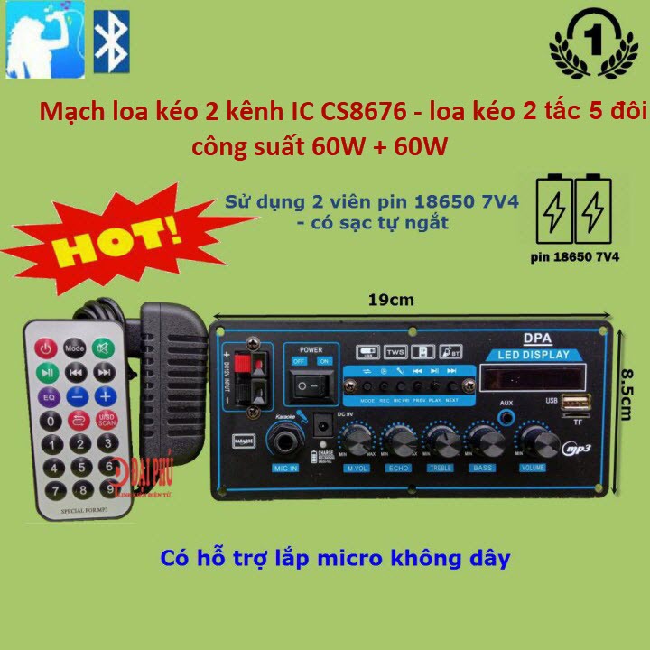 [HCM]Mạch loa kéo 2 kênh dùng 2 pin 18650 7.4V dùng cho loa kéo 2.5 tấc đôi Karaoke Bluetooth