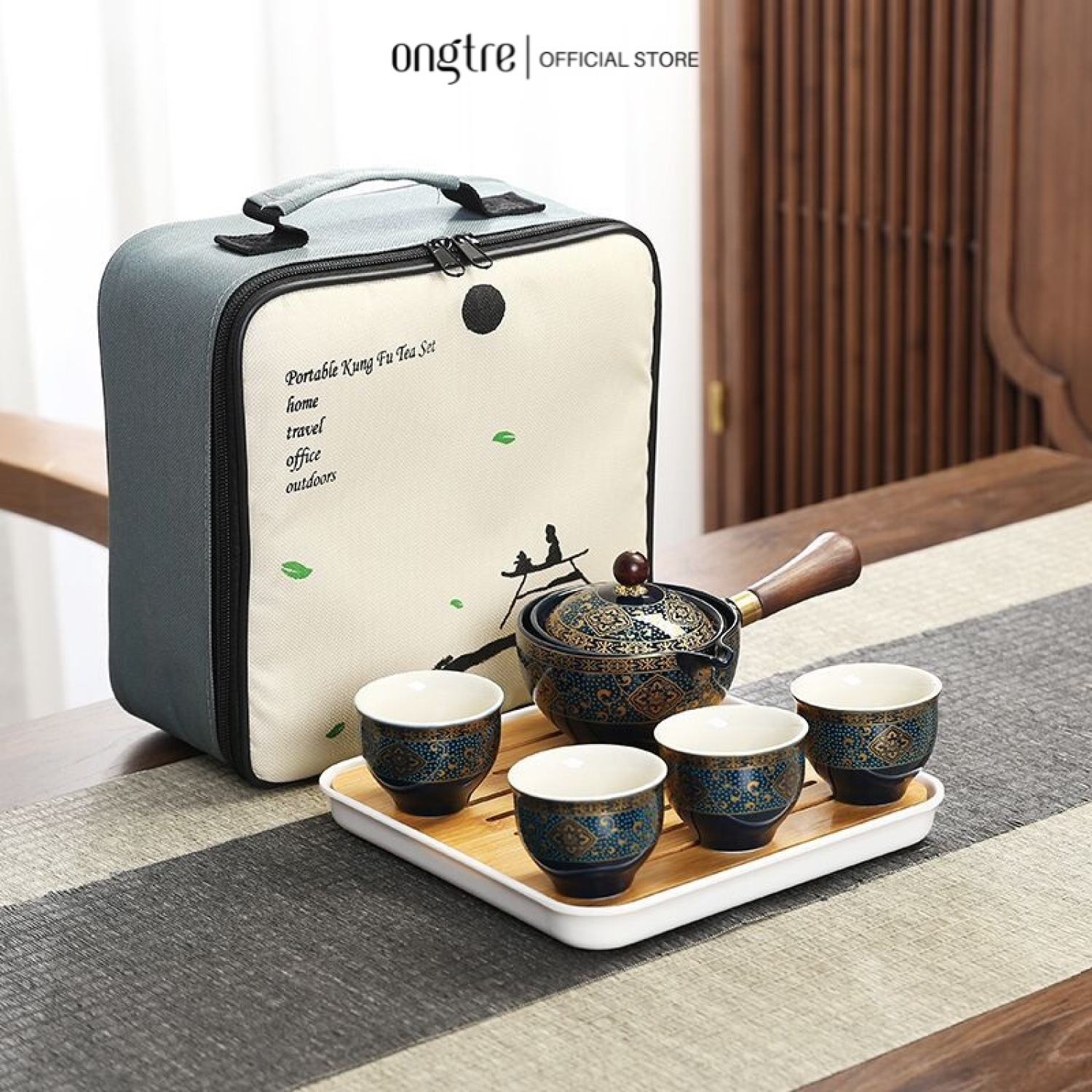 Bộ ấm chén sứ ONGTRE pha trà du lịch kèm túi cao cấp sang trọng