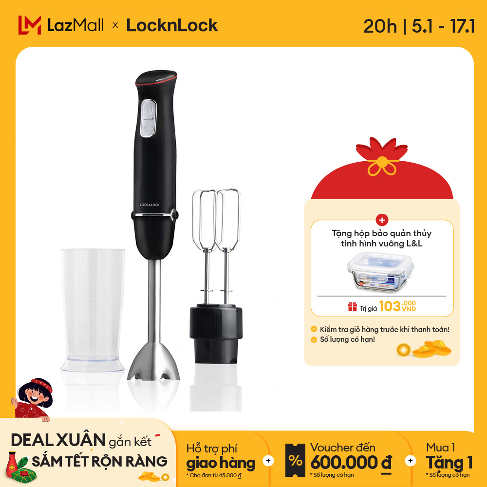 Máy xay cầm tay đa năng Lock&Lock Multi-purpose 2in1 Hand Blender màu đen EJM516BLK máy đánh trứng x