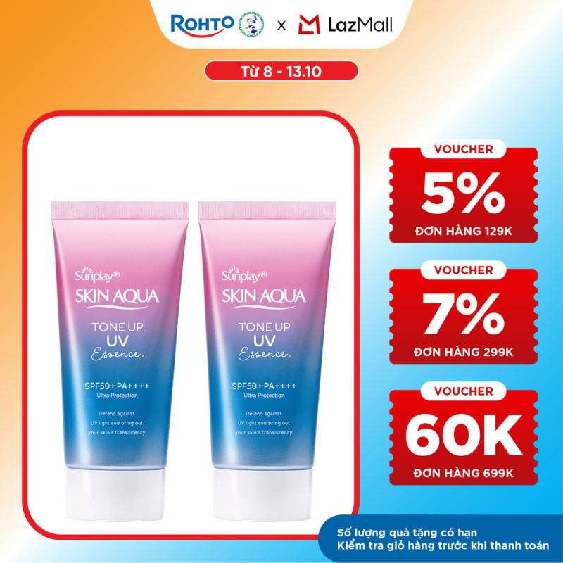 Bộ đôi kem chống nắng nâng tông Skin Aqua Tone up Lavender cho da tối màu & da vàng dạng tinh chất Sunplay Skin Aqua Tone Up UV Essence Lavender SPF 50+ PA++++ 50g