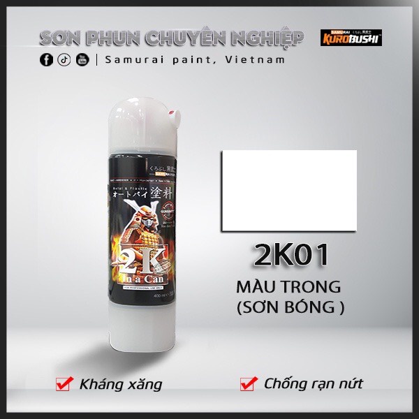 Sơn xịt Samurai Chính Hãng màu Trong - 2K01 (bóng 2K  2 thành phần trong suốt)