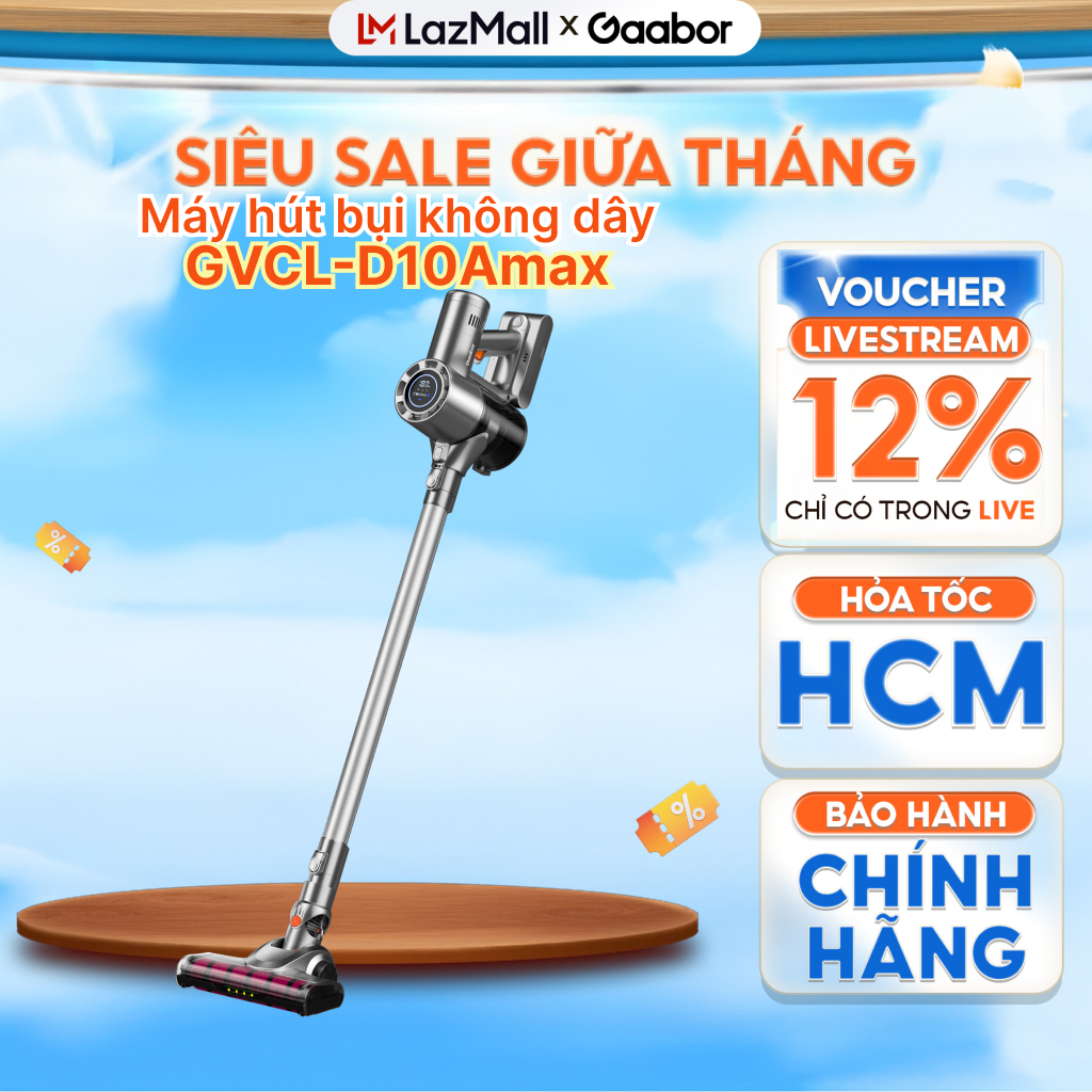 Máy hút bụi không dây GAABOR GVCL-D10A, màu Đen/Tím, lực hút 16000Pa, dung lượng 1L