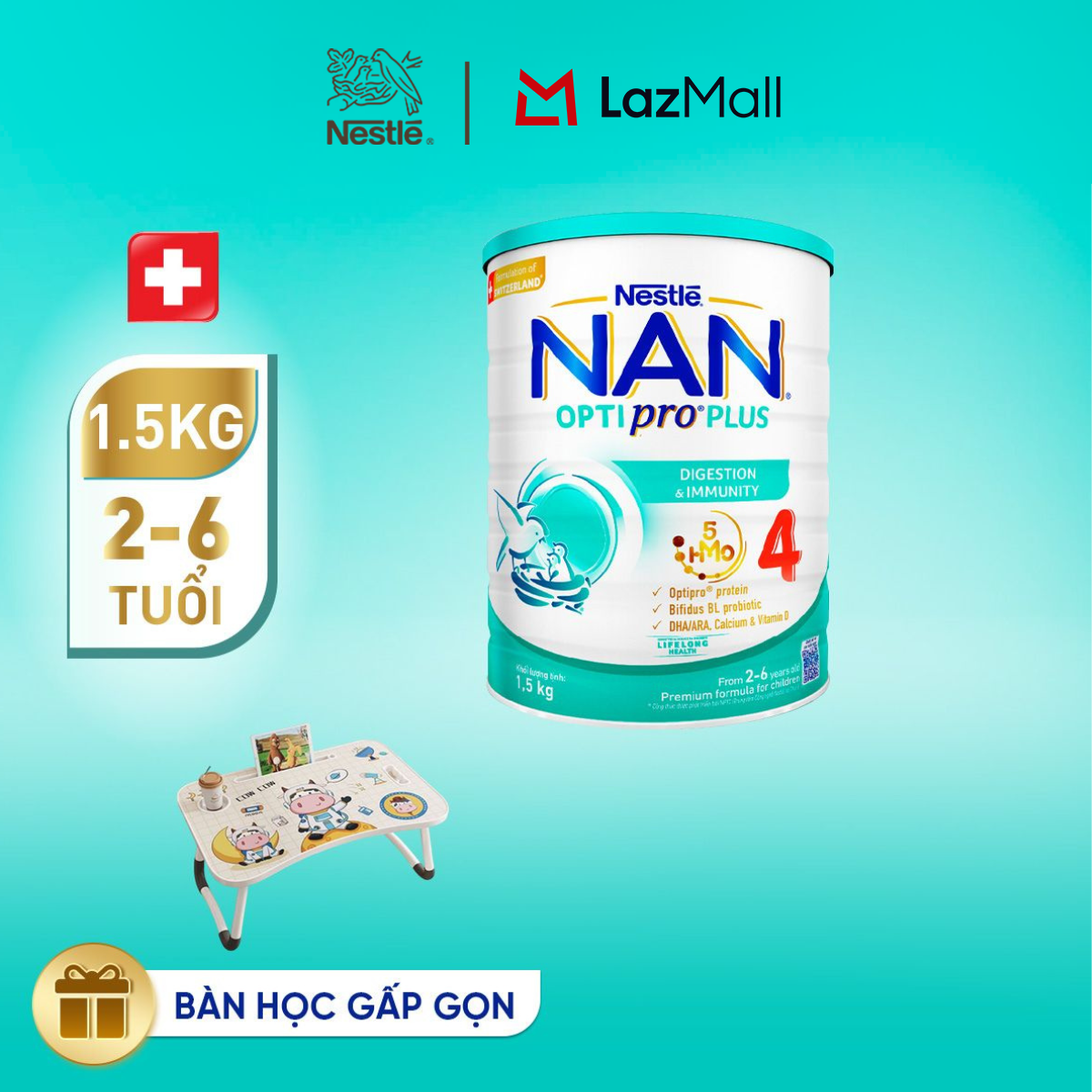 [Tặng bàn gấp gọn] Sữa bột Nestlé NAN OPTIPRO PLUS 4 1500g/lon với 5HMO Giúp tiêu hóa tốt